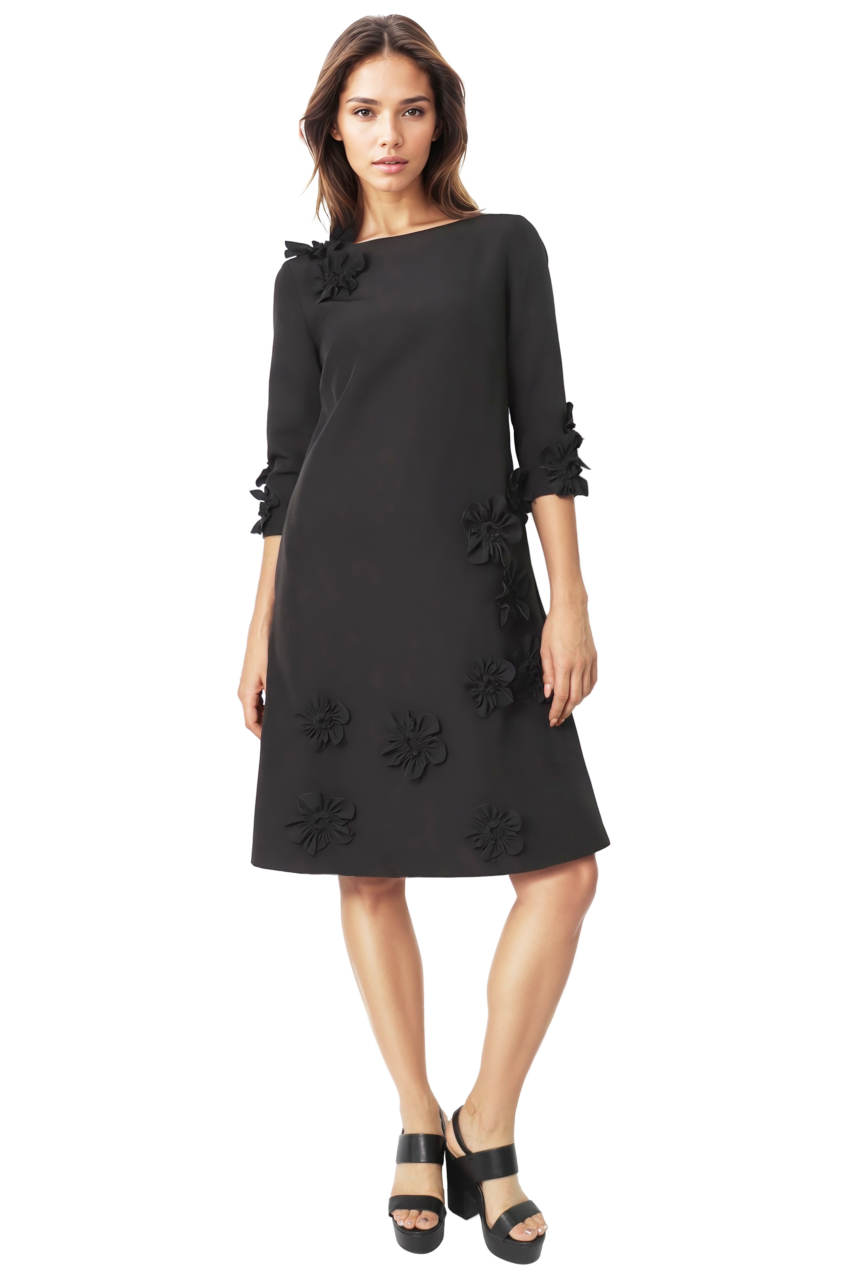 3/4 Sleeve Crepe Floral Applique A-Line Cocktail Cocktail Rene Ruiz Collection