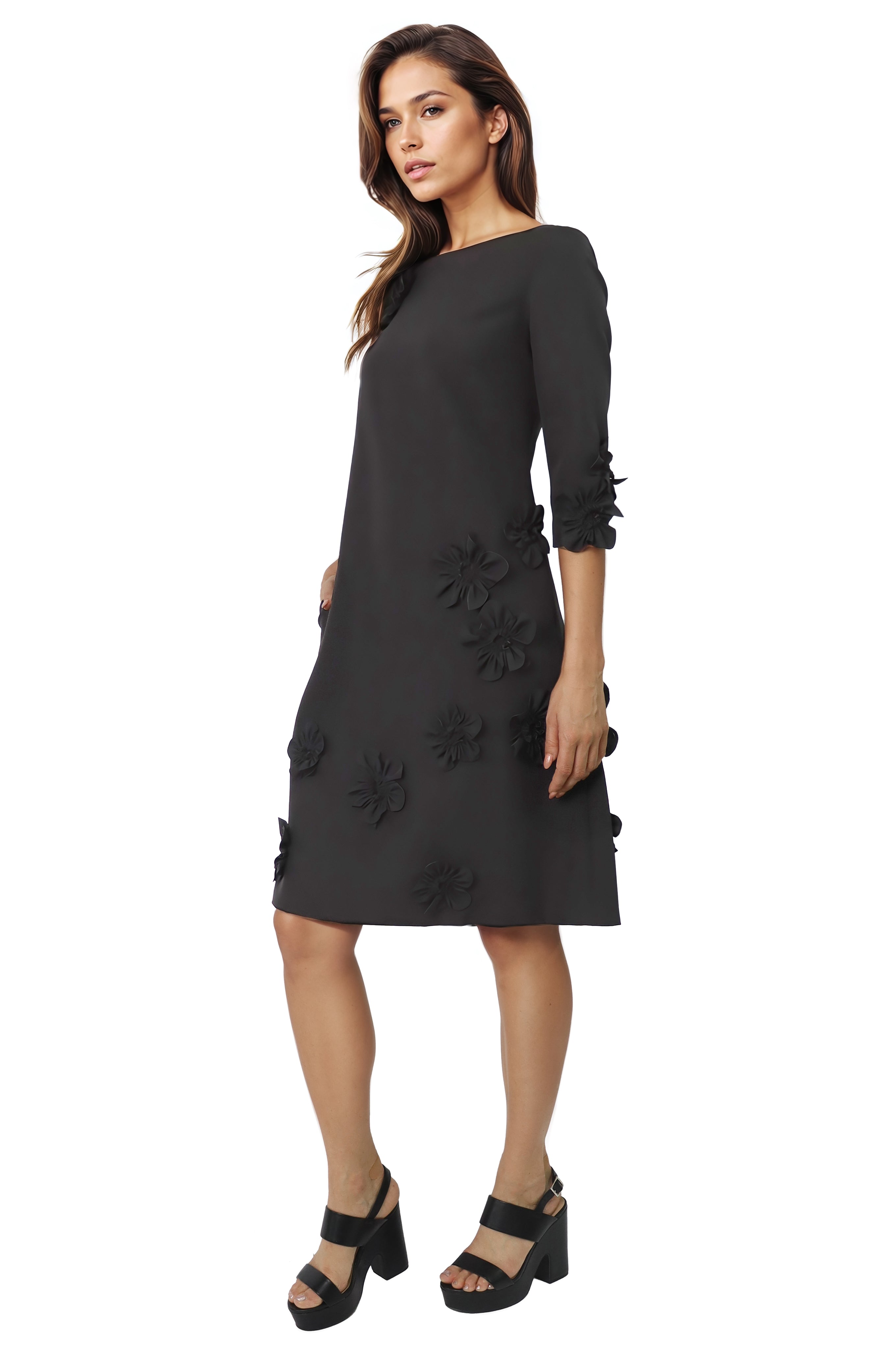 3/4 Sleeve Crepe Floral Applique A-Line Cocktail Cocktail Rene Ruiz Collection