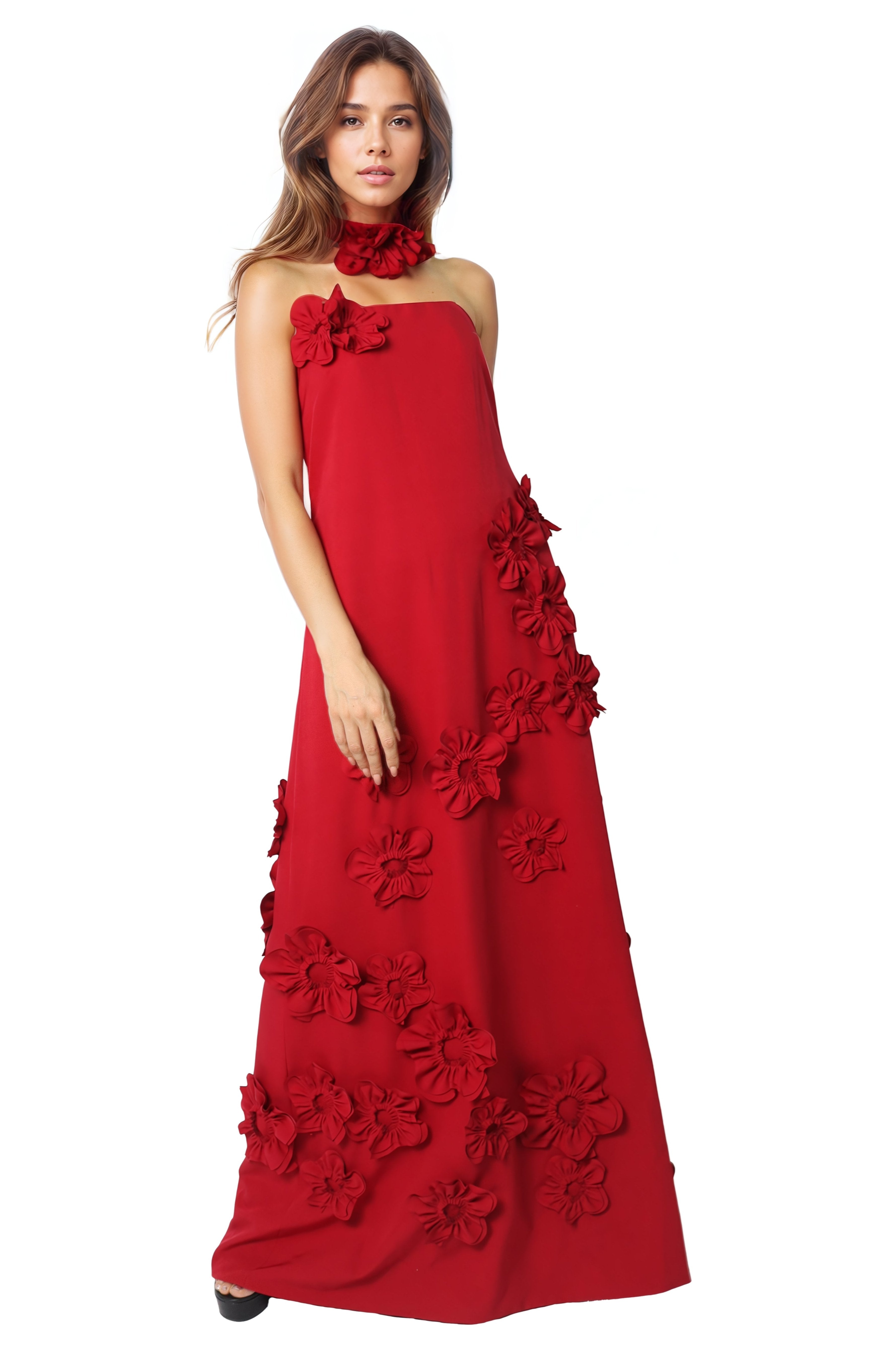 Strapless Floral Appliqué A-Line Crepe Gown Gown Rene Ruiz Collection
