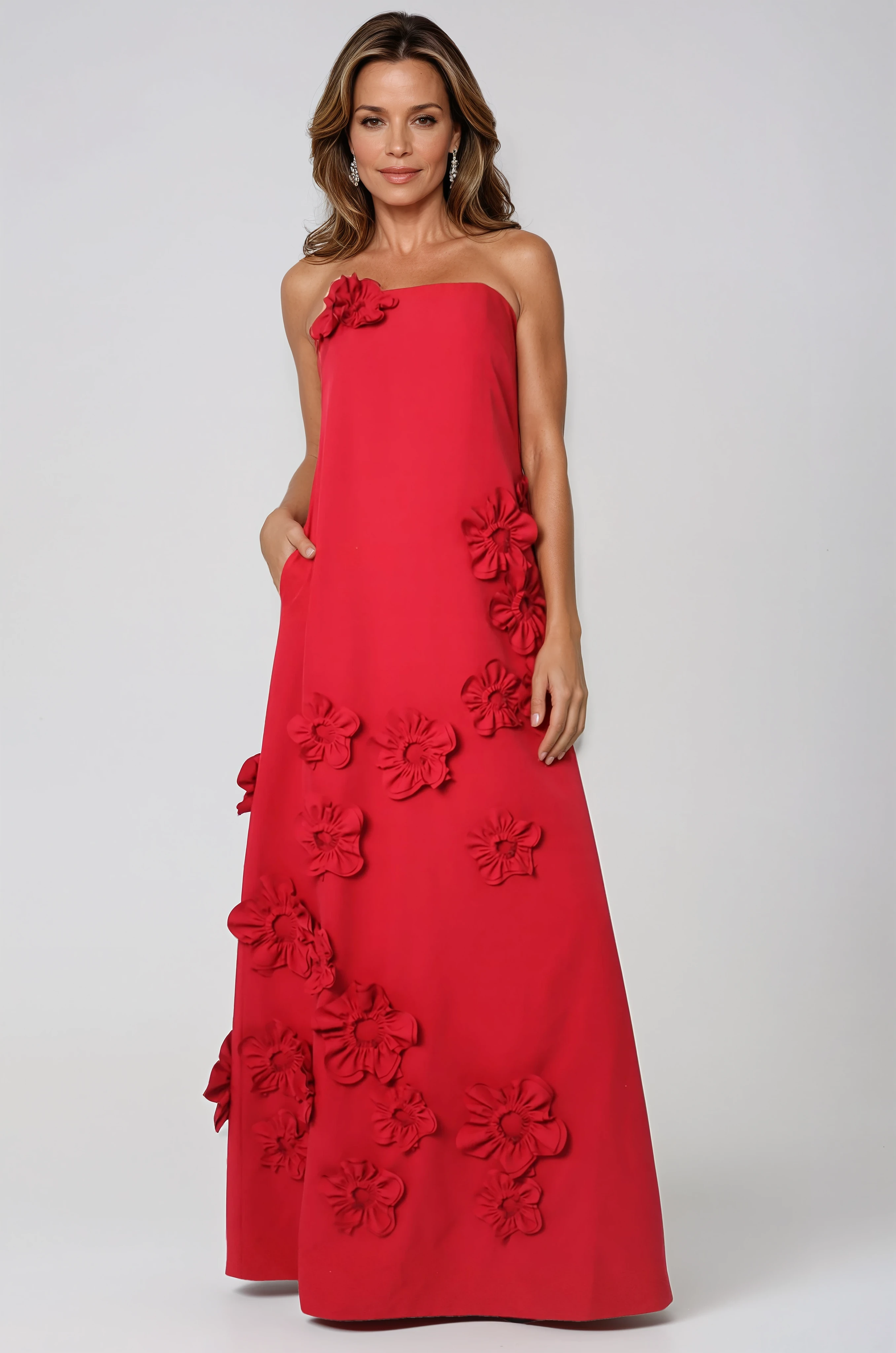 Strapless Floral Appliqué A-Line Crepe Gown Gown Rene Ruiz Collection