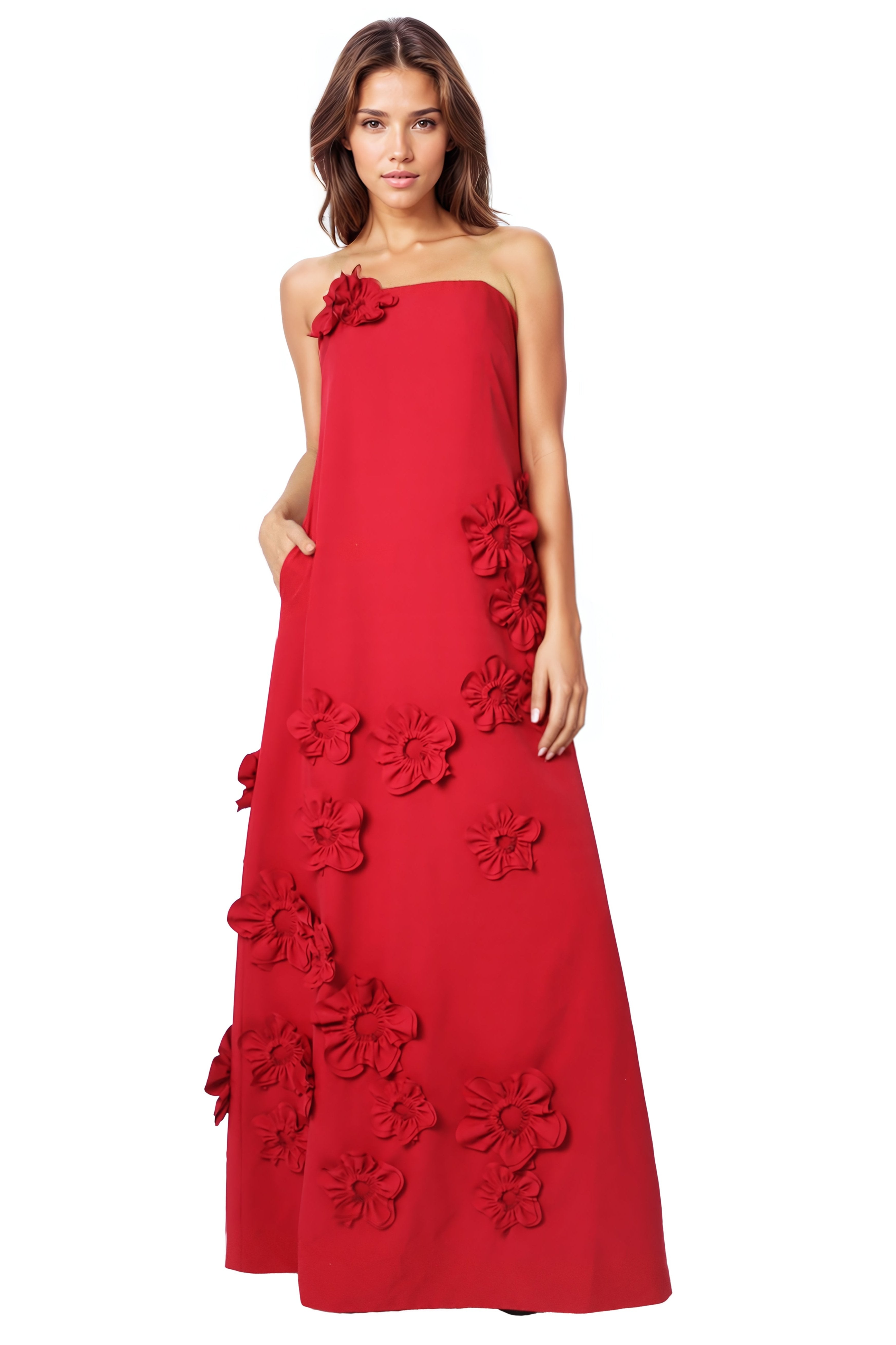 Strapless Floral Appliqué A-Line Crepe Gown Gown Rene Ruiz Collection