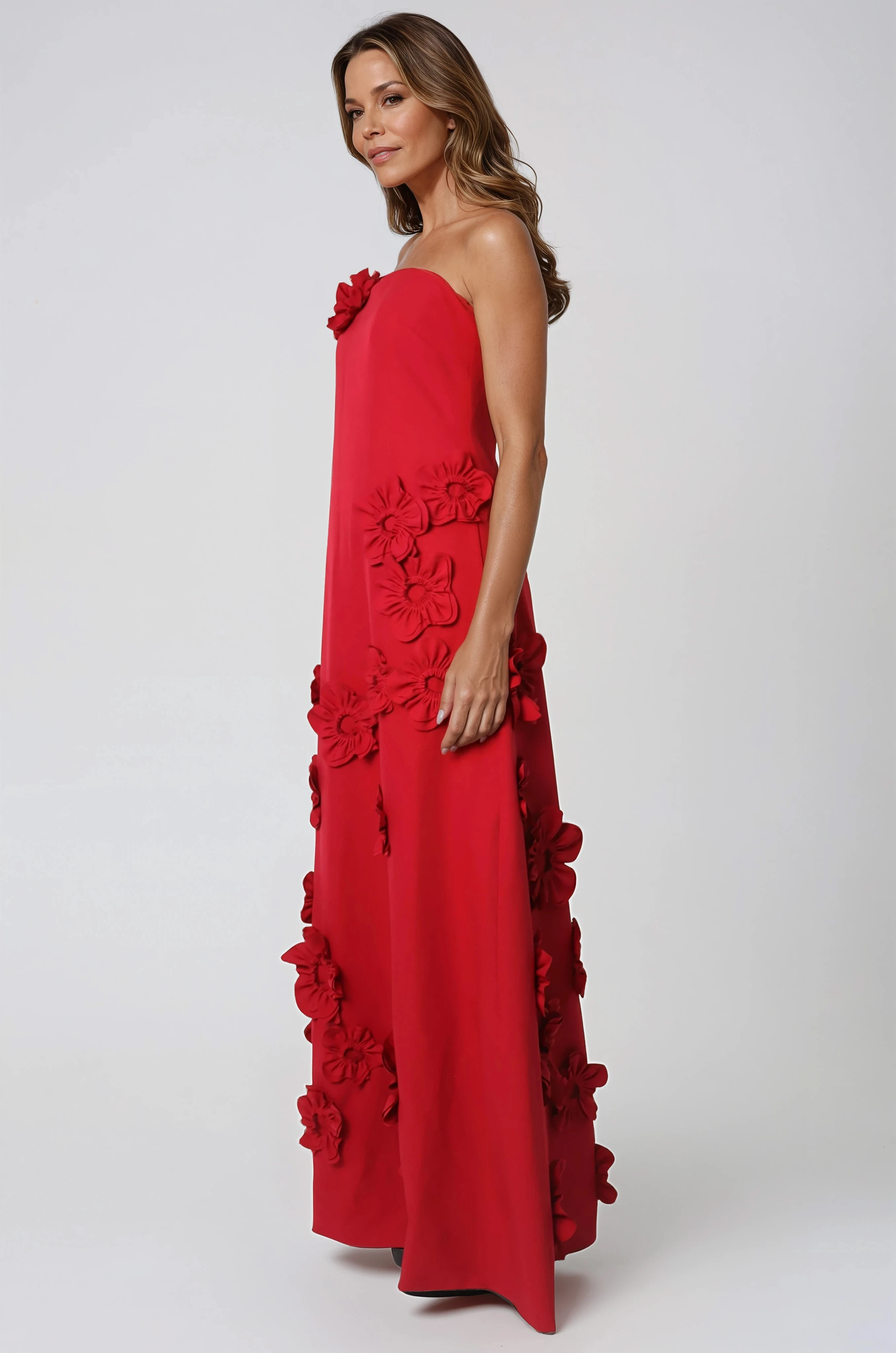 Strapless Floral Appliqué A-Line Crepe Gown Gown Rene Ruiz Collection