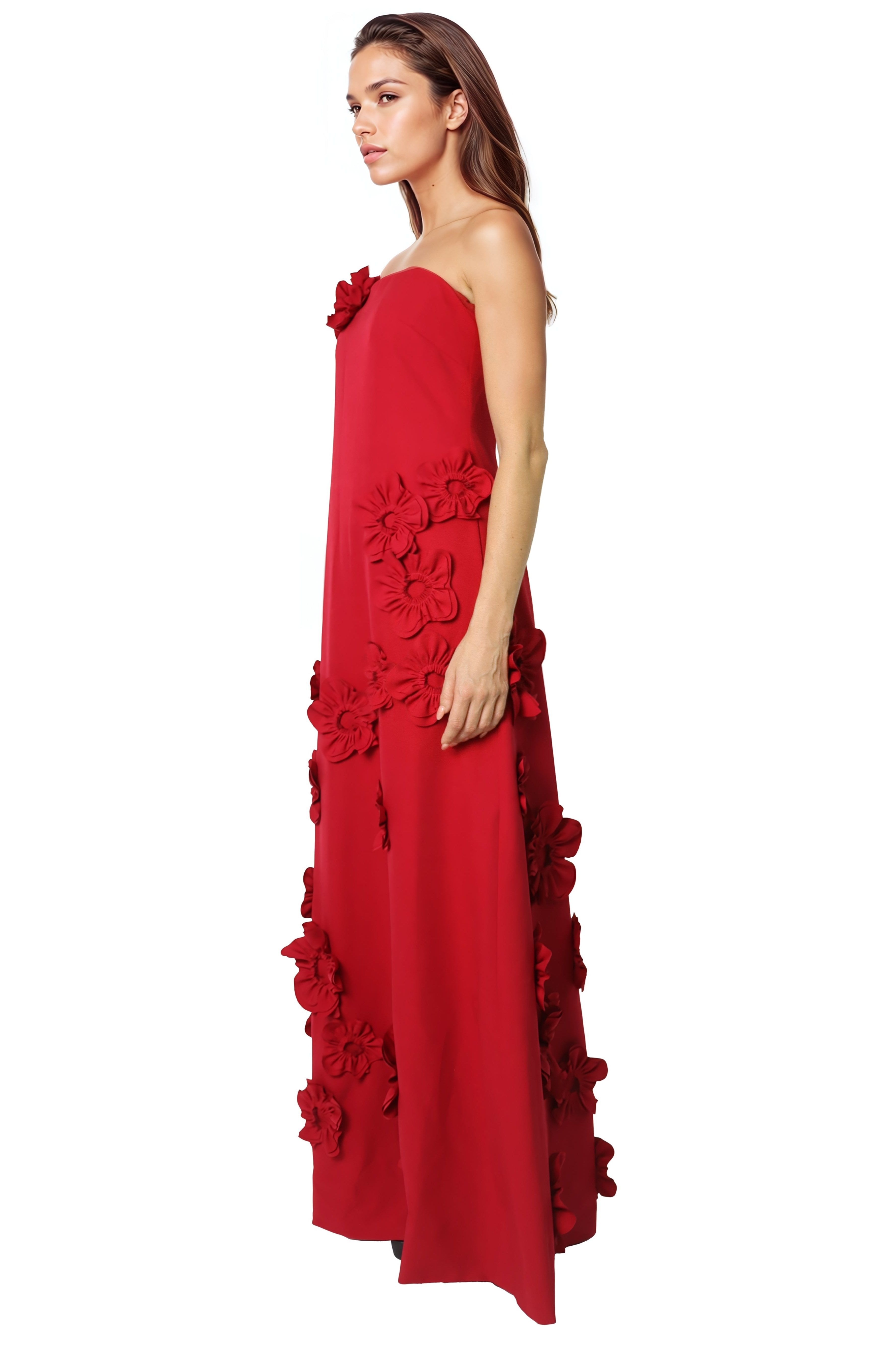 Strapless Floral Appliqué A-Line Crepe Gown Gown Rene Ruiz Collection