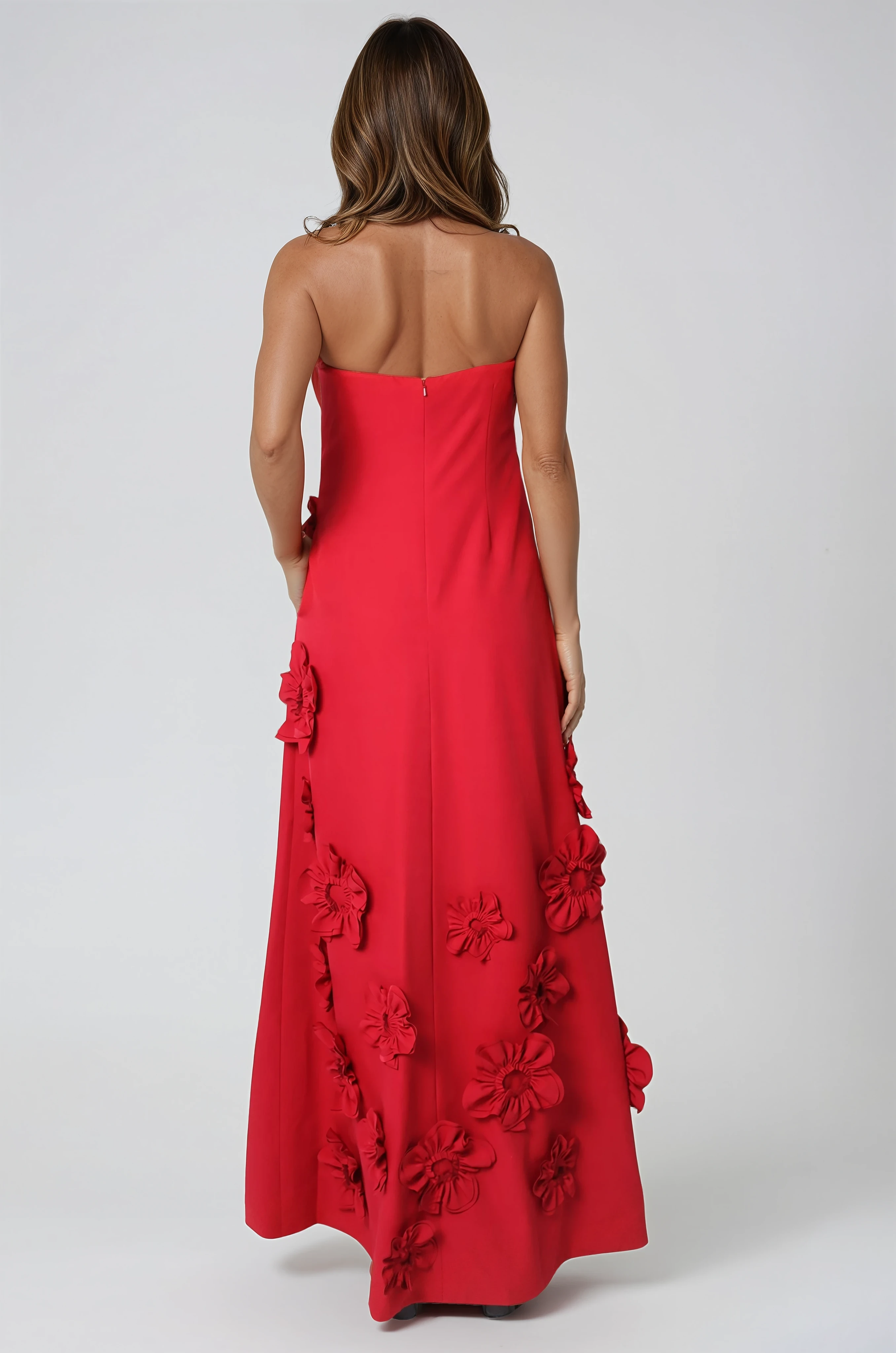 Strapless Floral Appliqué A-Line Crepe Gown Gown Rene Ruiz Collection