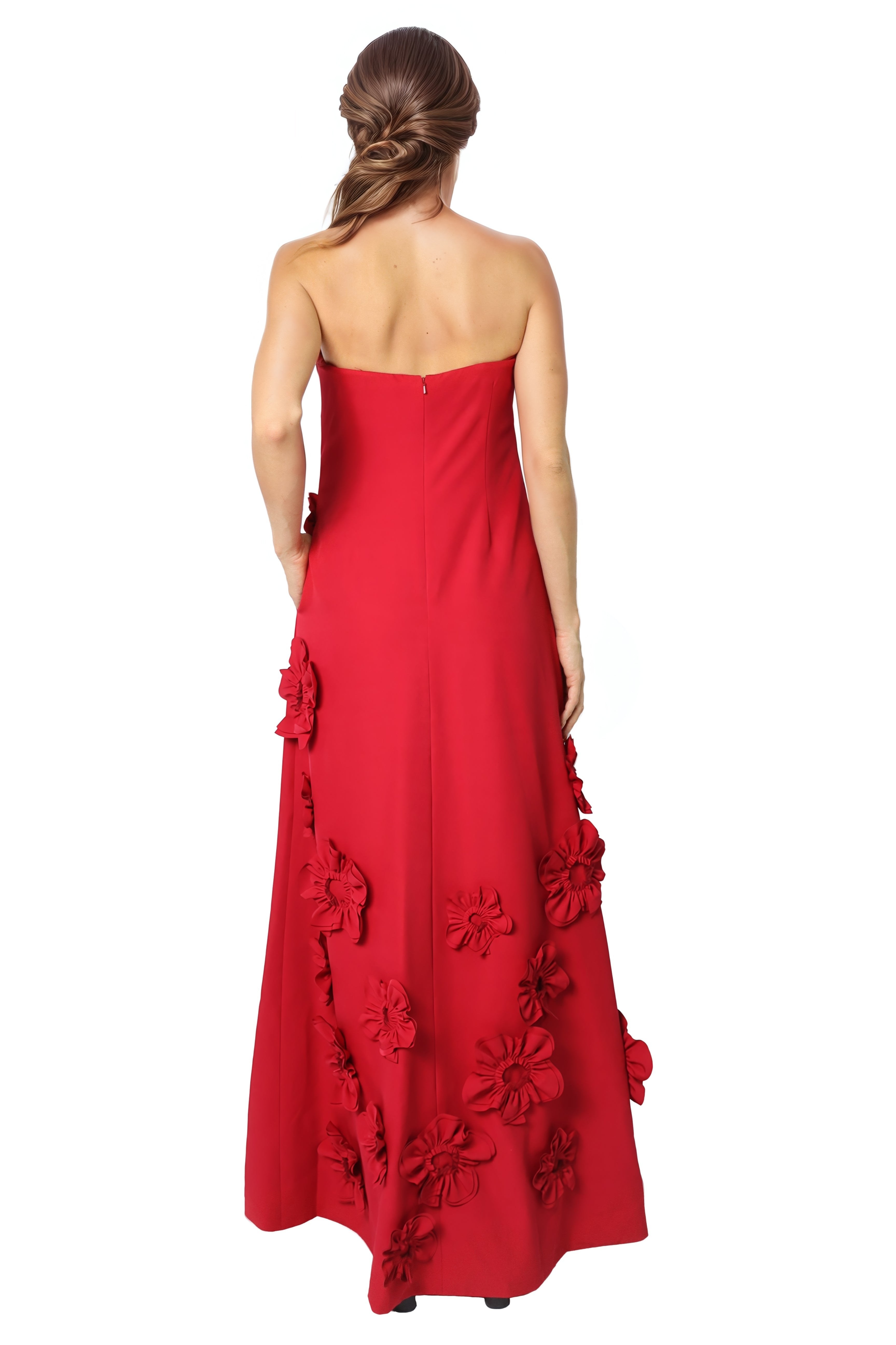 Strapless Floral Appliqué A-Line Crepe Gown Gown Rene Ruiz Collection