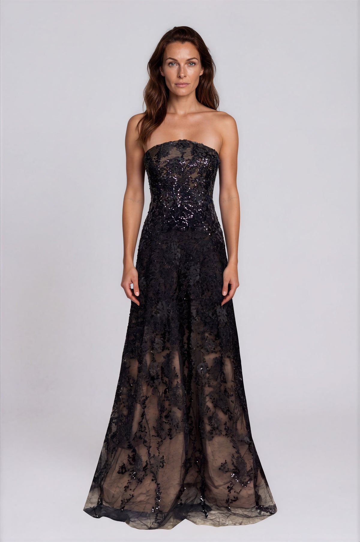 Floral Embroidered Strapless A-Line Gown Gown Rene Ruiz Collection