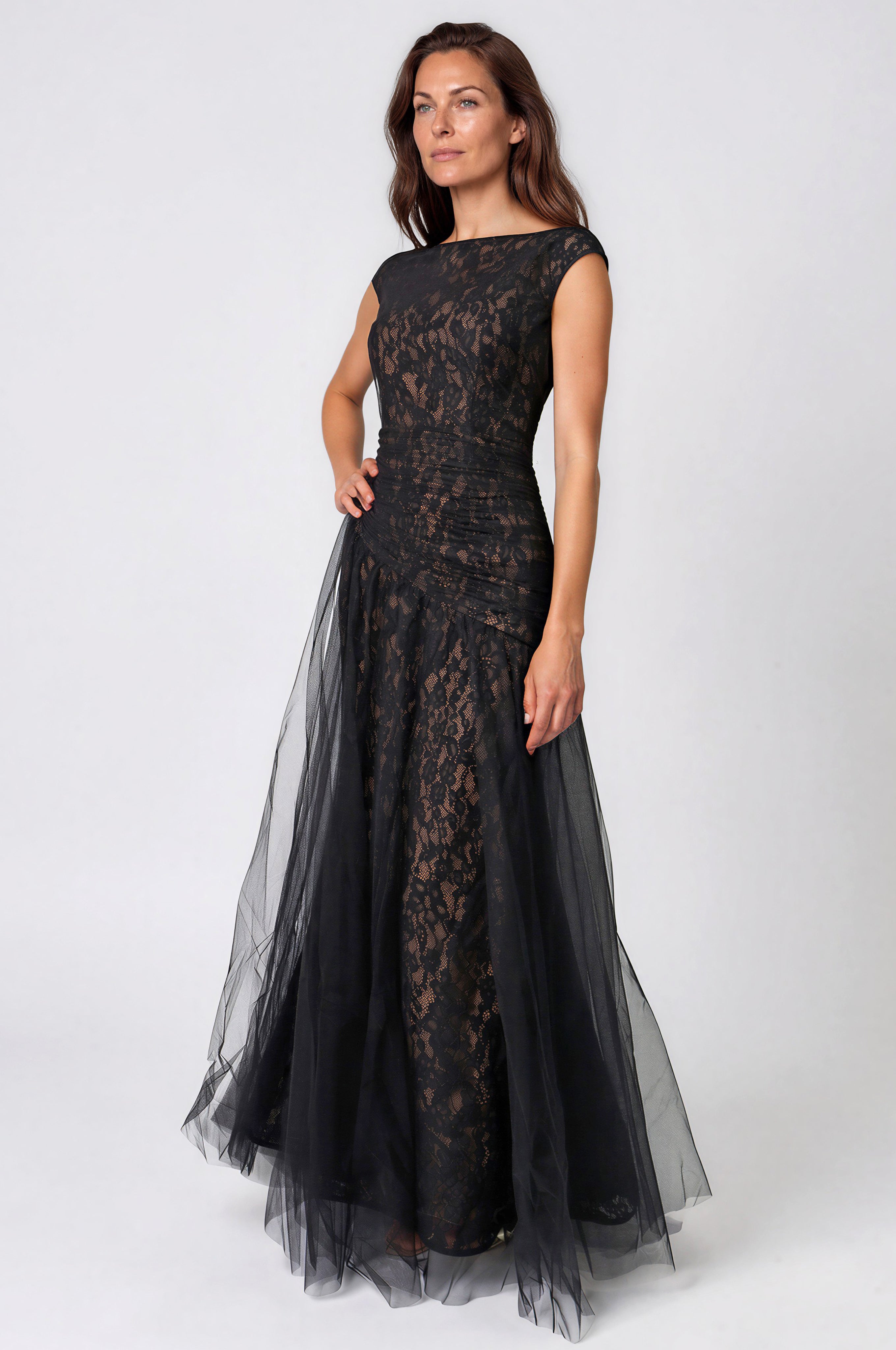 Bateau Neck Lace Tulle A-Line Gown Gown Rene Ruiz Collection