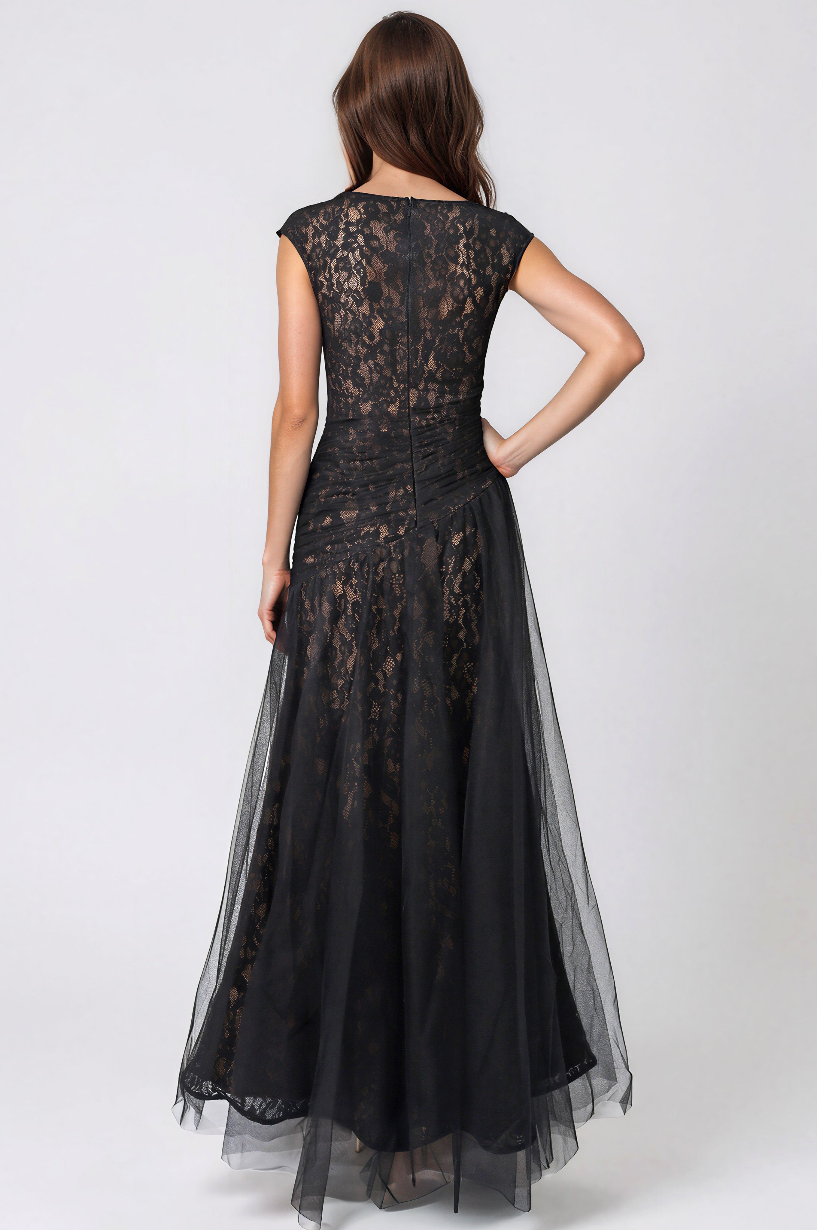 Bateau Neck Lace Tulle A-Line Gown Gown Rene Ruiz Collection