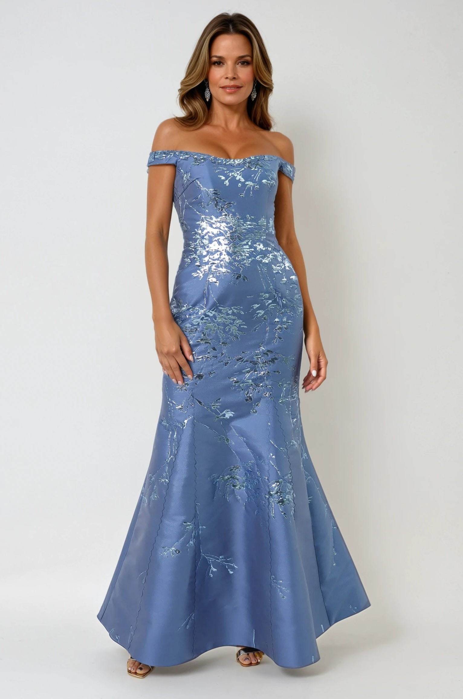 Off The Shoulder Brocade Fit And Flare Gown Gown Rene Ruiz Collection