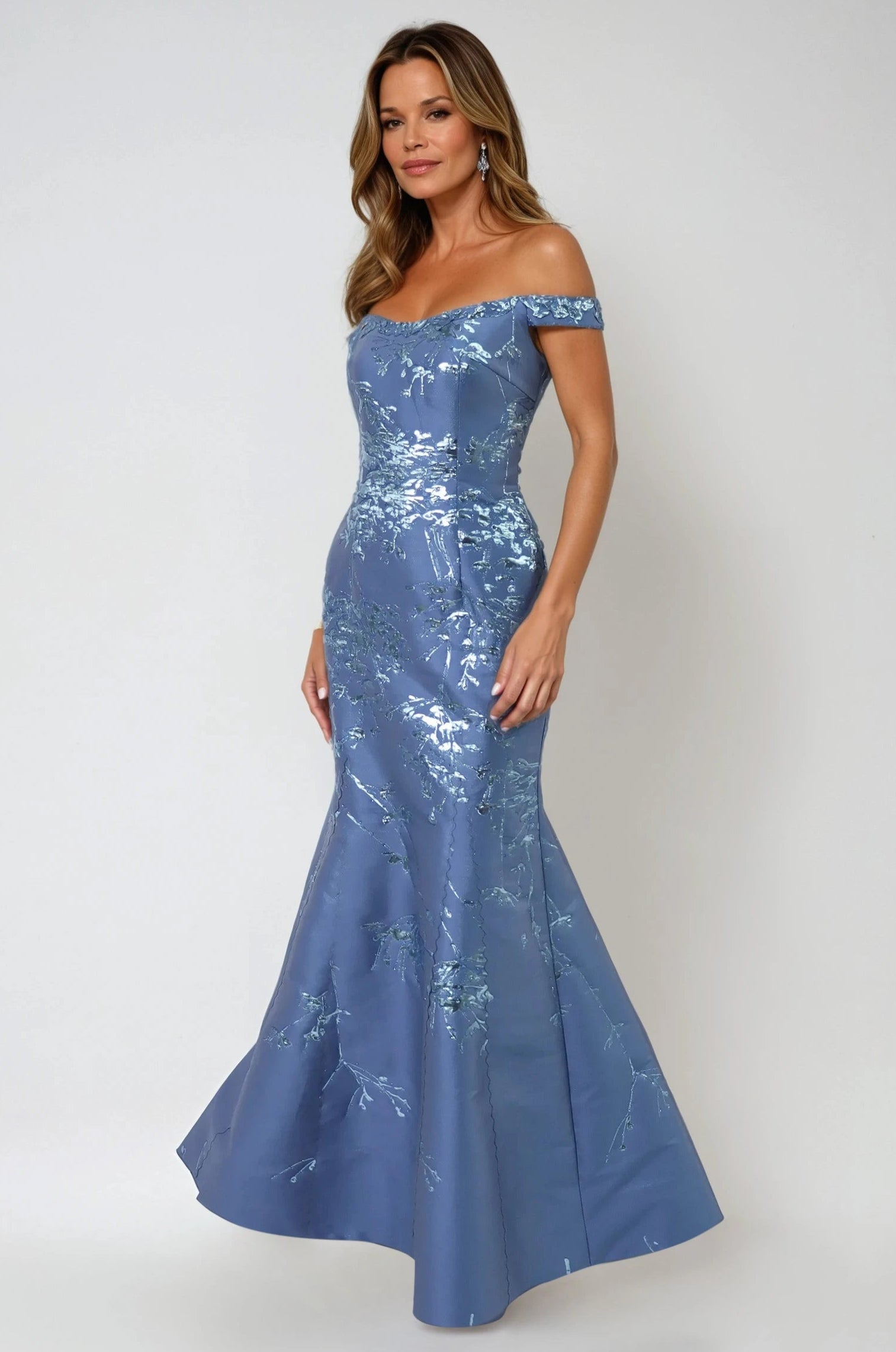 Off The Shoulder Brocade Fit And Flare Gown Gown Rene Ruiz Collection