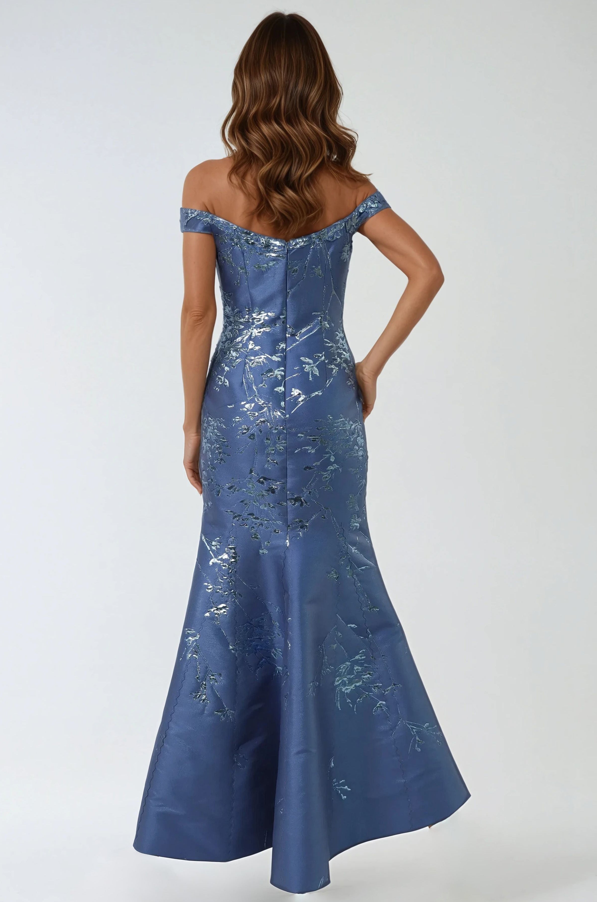 Off The Shoulder Brocade Fit And Flare Gown Gown Rene Ruiz Collection