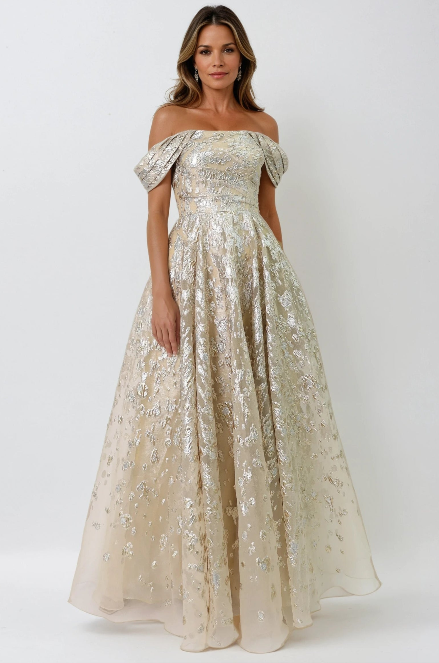 Off The Shoulder Fil Coupé A-Line Gown Gown Rene Ruiz Collection