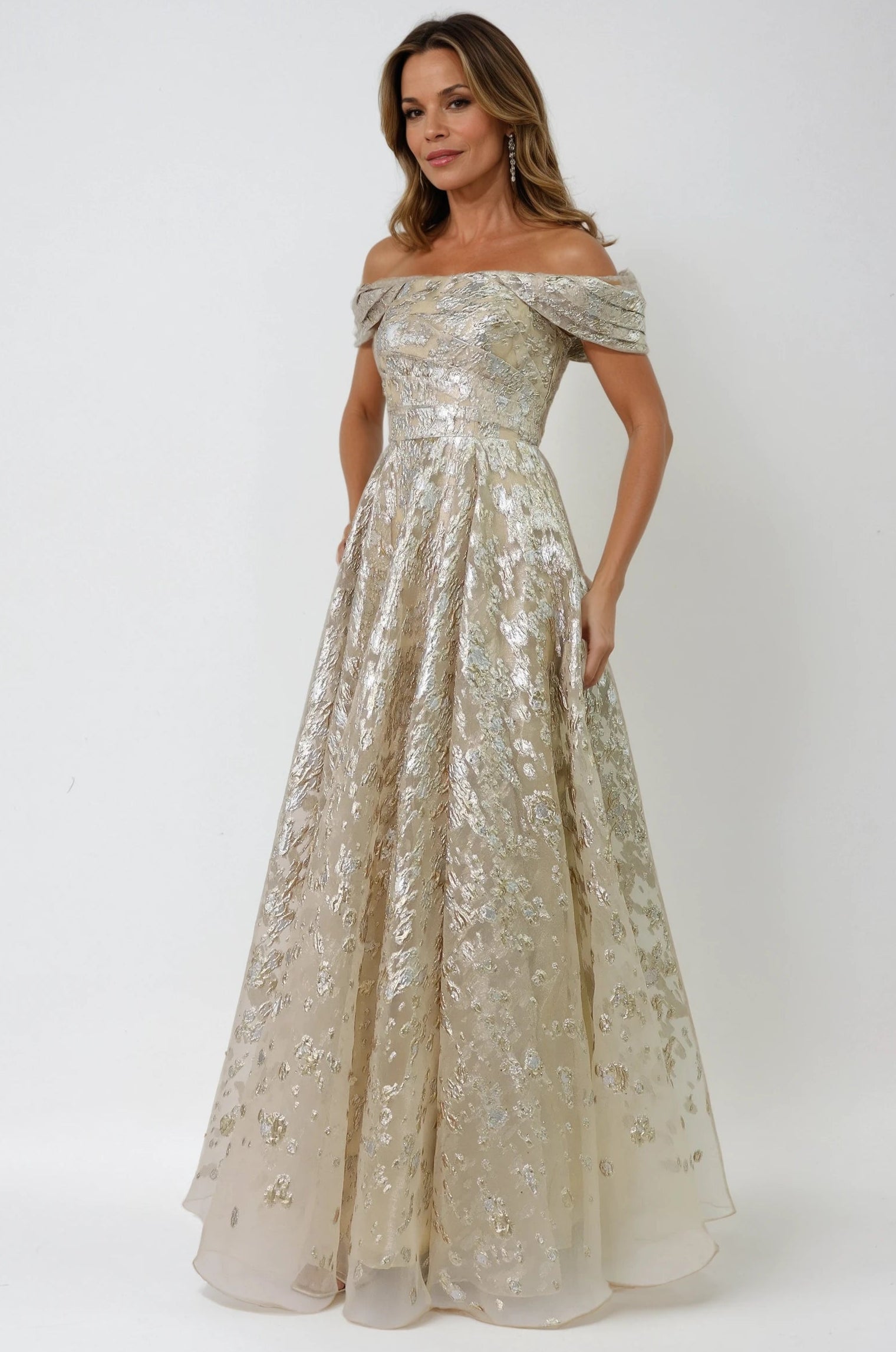 Off The Shoulder Fil Coupé A-Line Gown Gown Rene Ruiz Collection