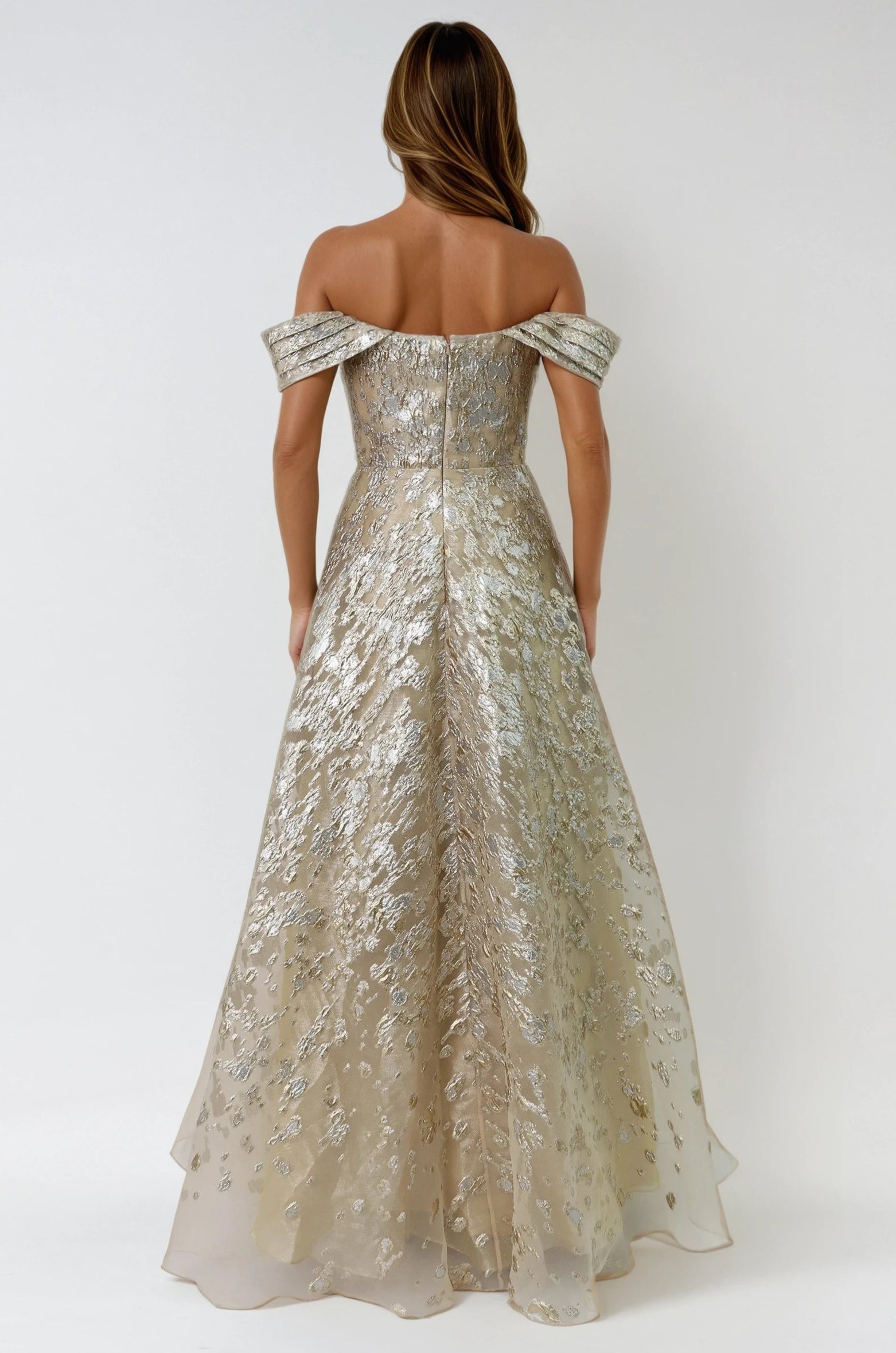 Off The Shoulder Fil Coupé A-Line Gown Gown Rene Ruiz Collection