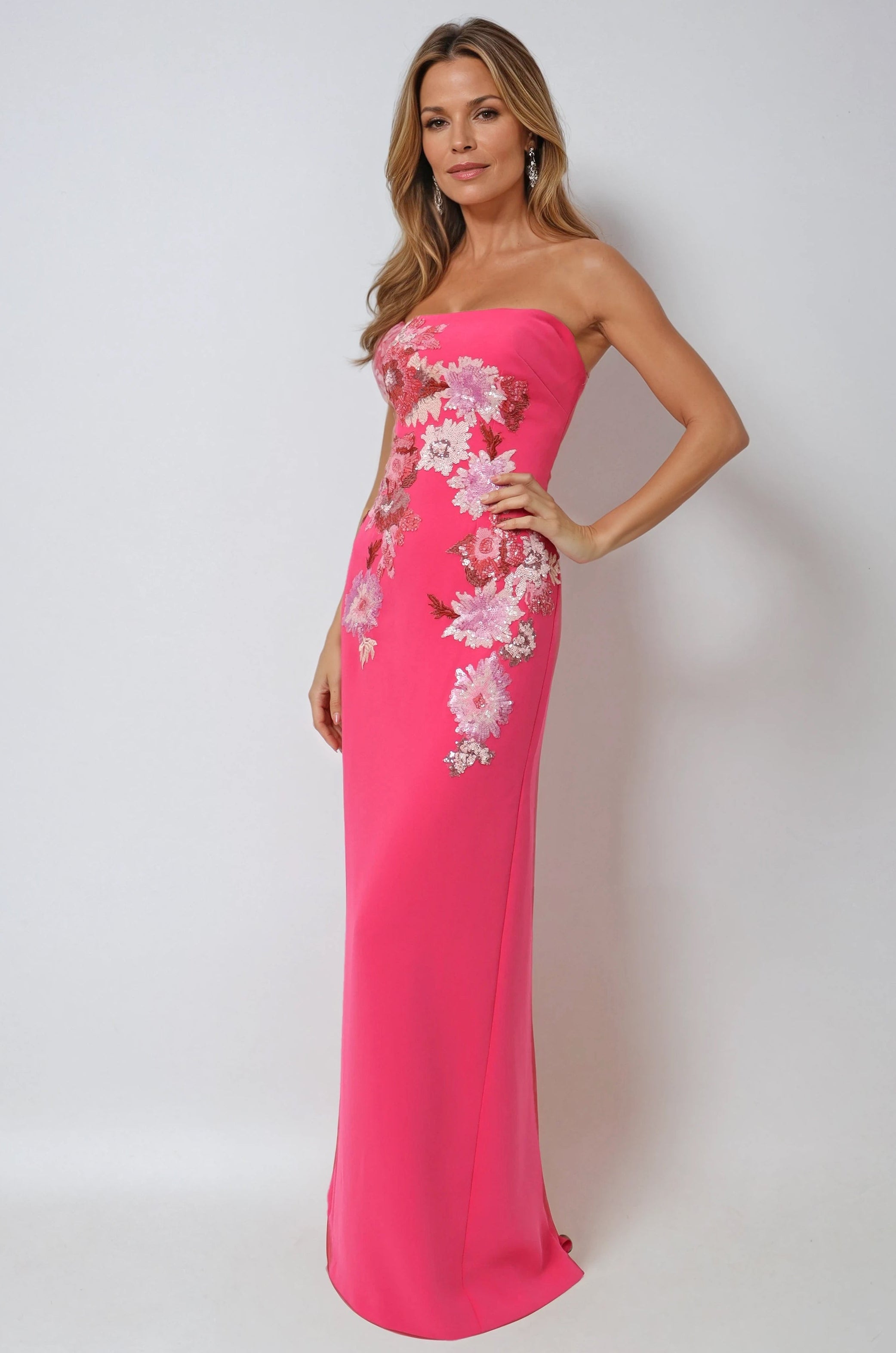 Strapless Floral Sequin Crepe Column Gown Gown Rene Ruiz Collection