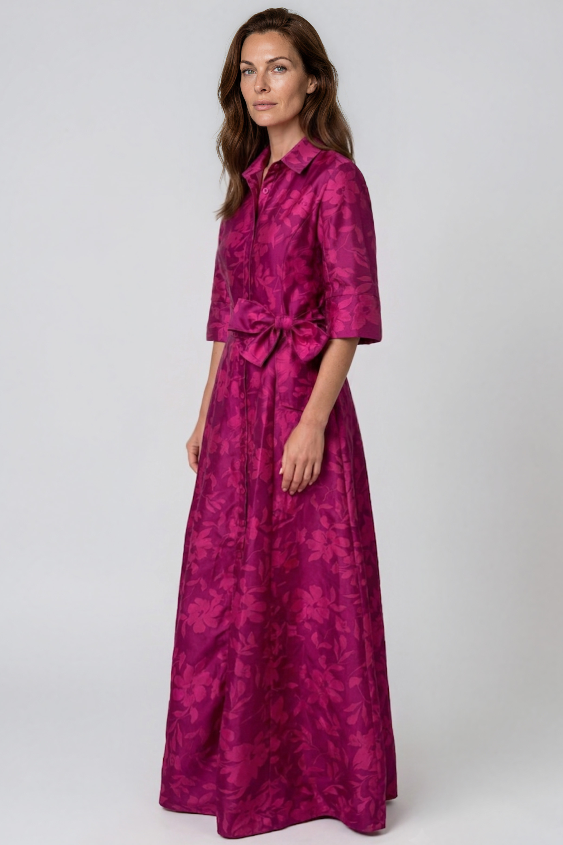 Floral Mikado Shirt Gown with 3/4 Sleeves and Self-Tie Waist Belt Gown Rene Ruiz Collection