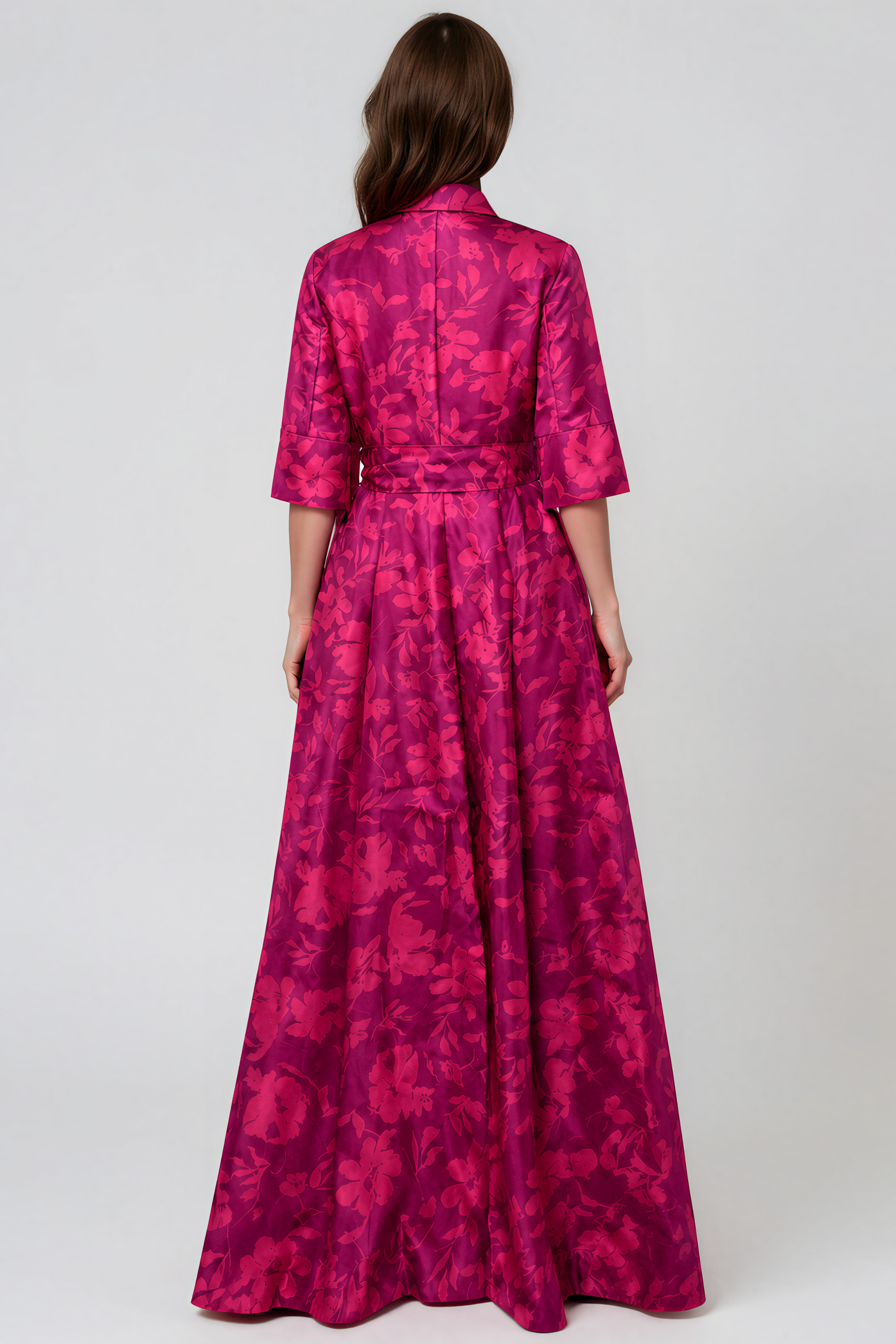 Floral Mikado Shirt Gown with 3/4 Sleeves and Self-Tie Waist Belt Gown Rene Ruiz Collection