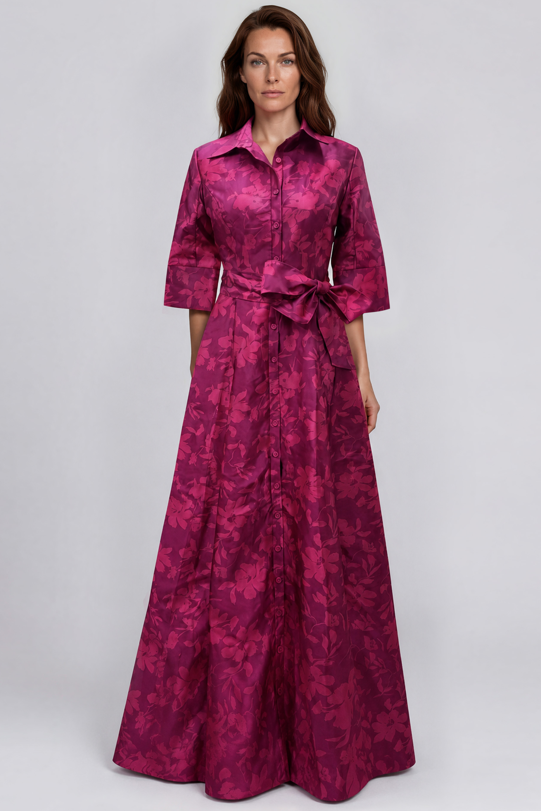 Floral Mikado Shirt Gown with 3/4 Sleeves and Self-Tie Waist Belt Gown Rene Ruiz Collection