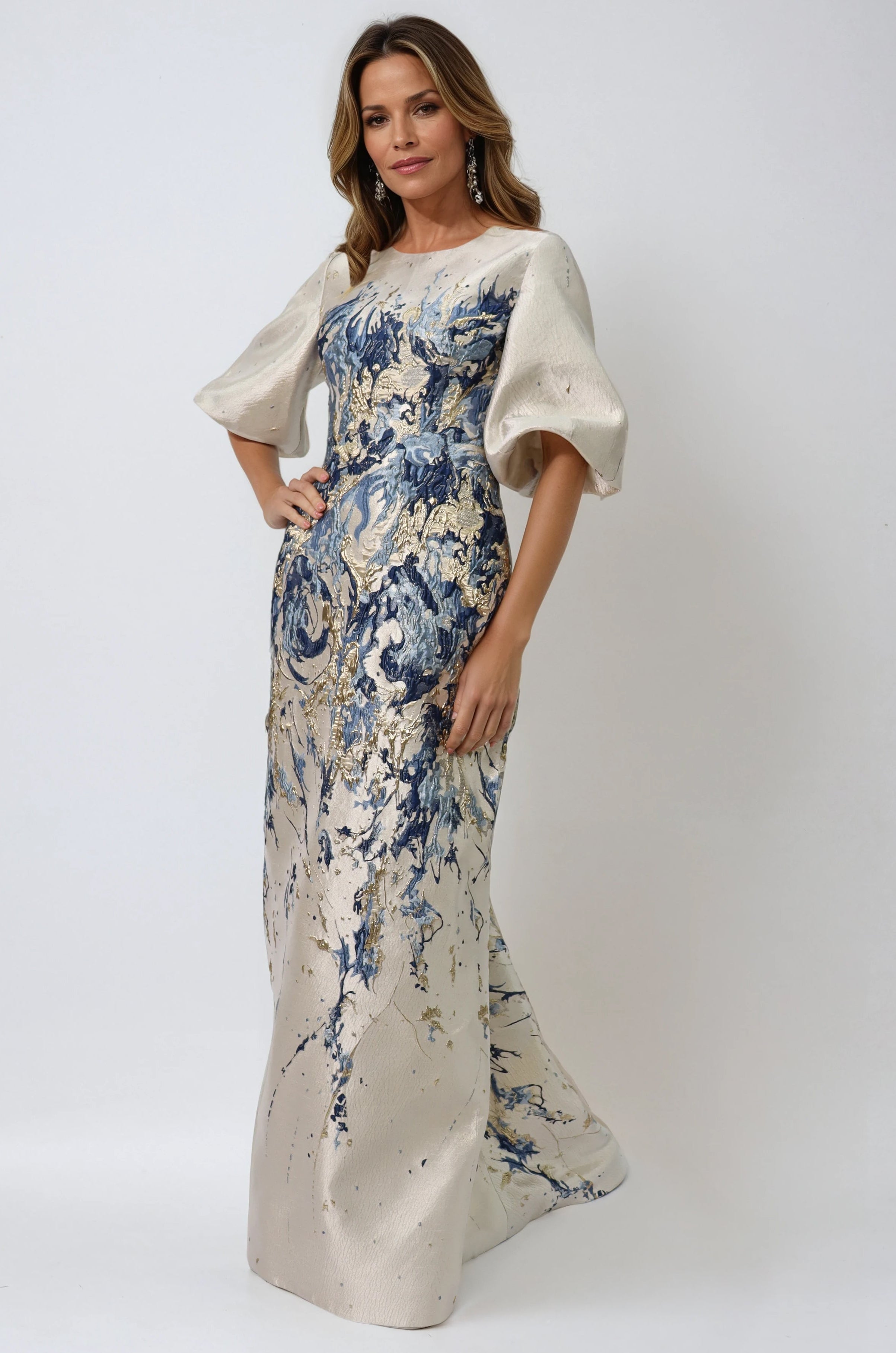 3/4 Puff Sleeve Brocade Gown Gown Rene Ruiz Collection
