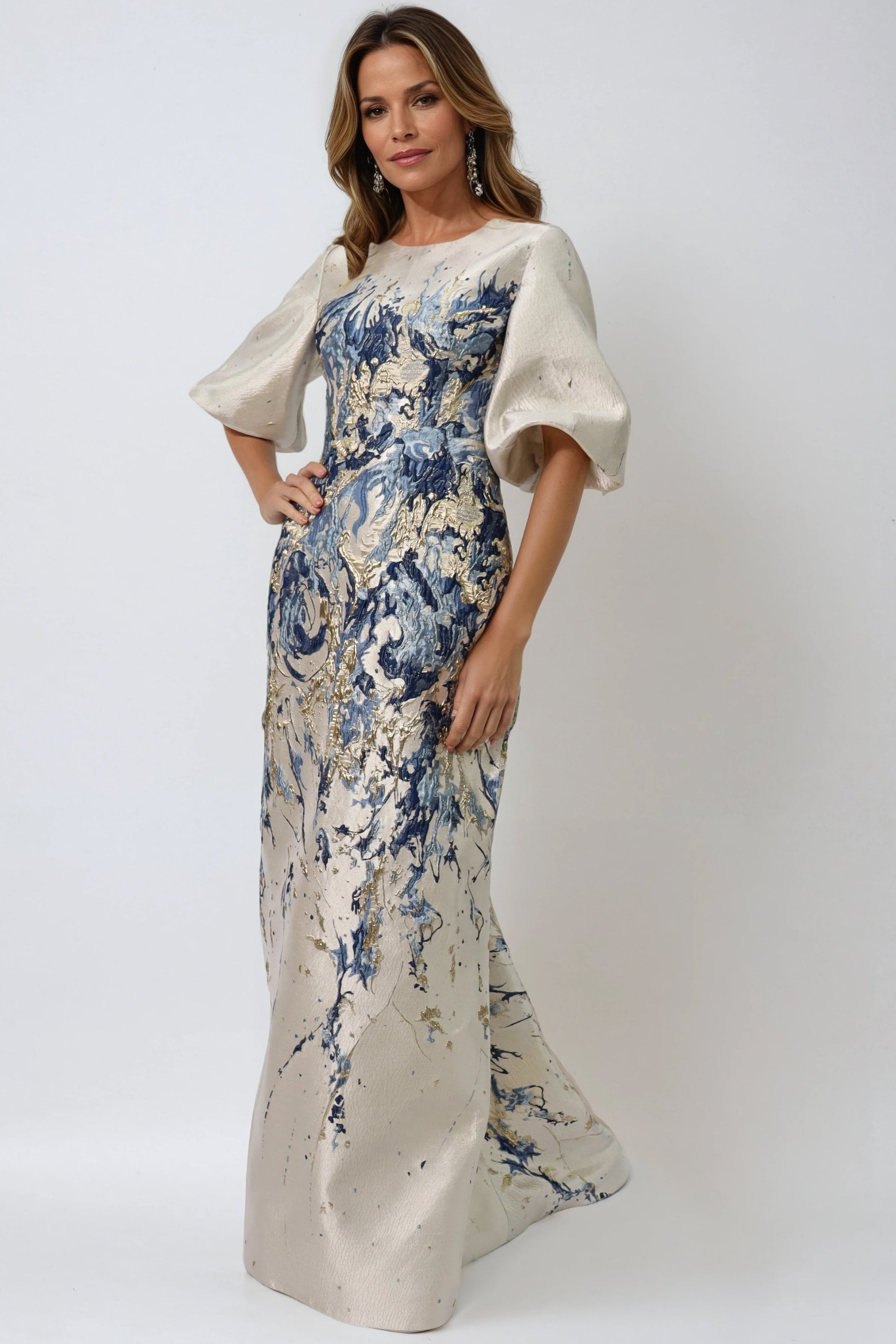 3/4 Puff Sleeve Brocade Gown Gown Rene Ruiz Collection