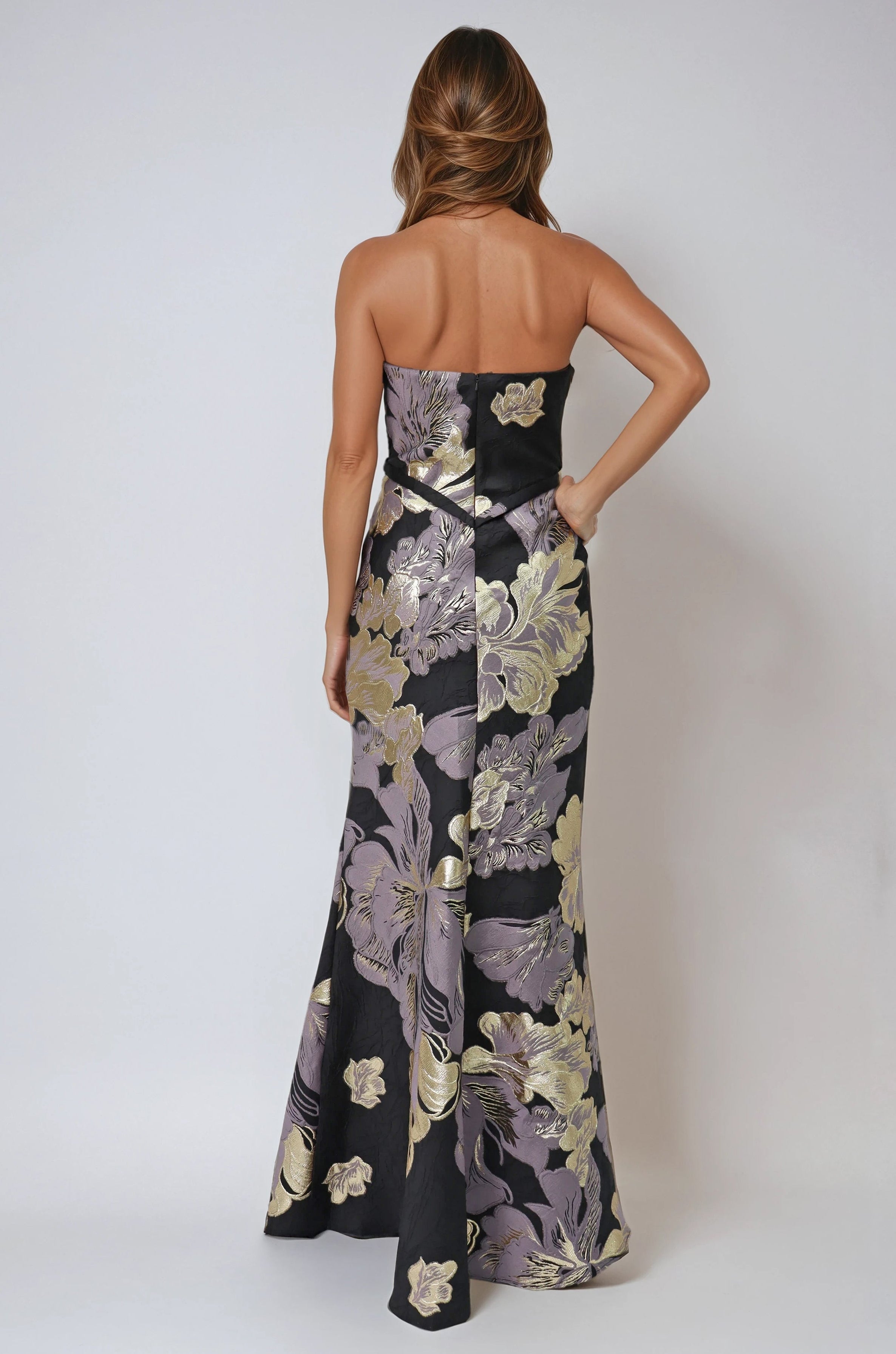 Strapless Fit and Flare Brocade Gown With Belt