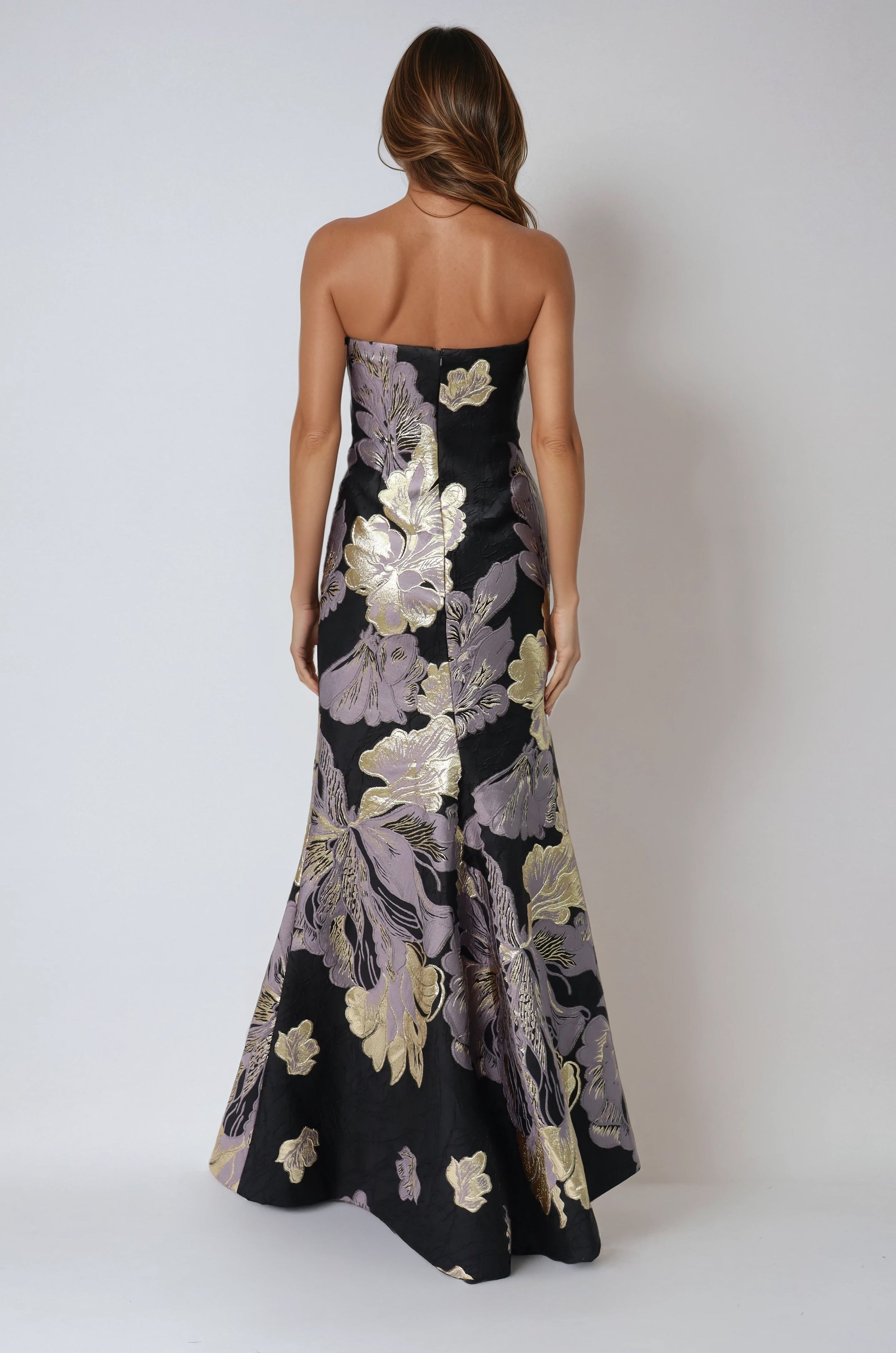 Strapless Fit and Flare Brocade Gown
