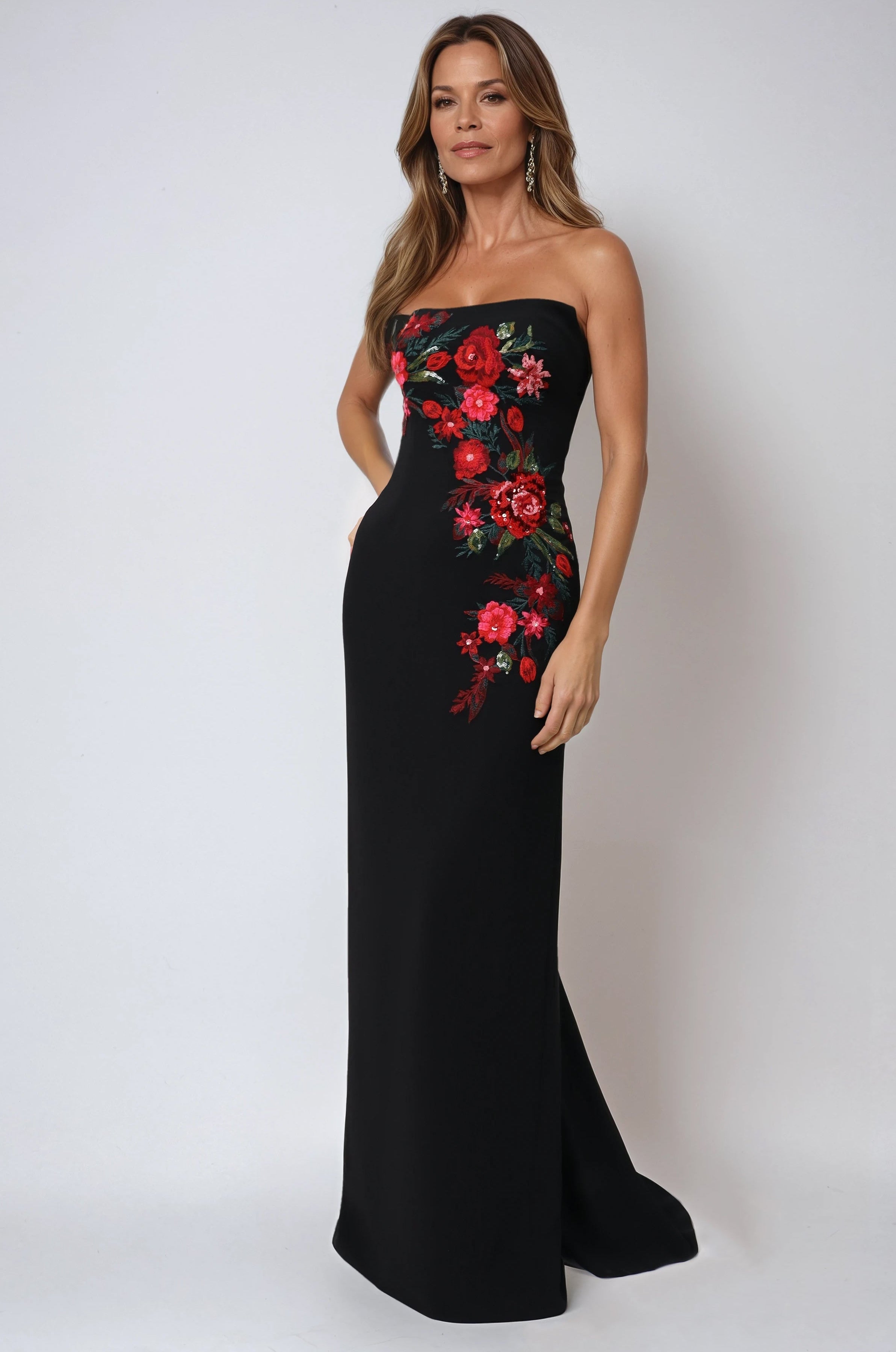 Strapless Floral Sequin Crepe Column Gown Gown Rene Ruiz Collection