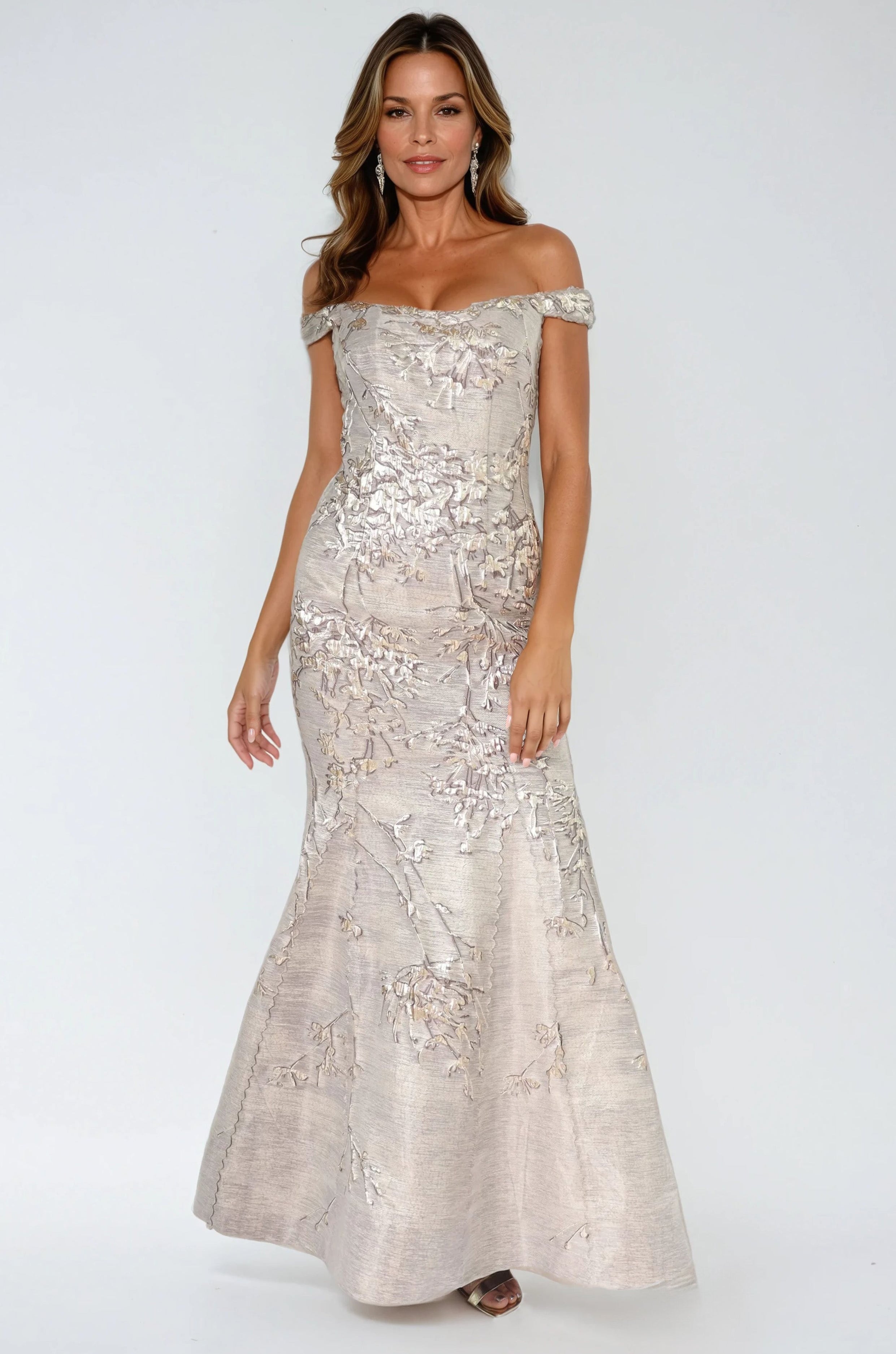 Off The Shoulder Brocade Fit And Flare Gown Gown Rene Ruiz Collection