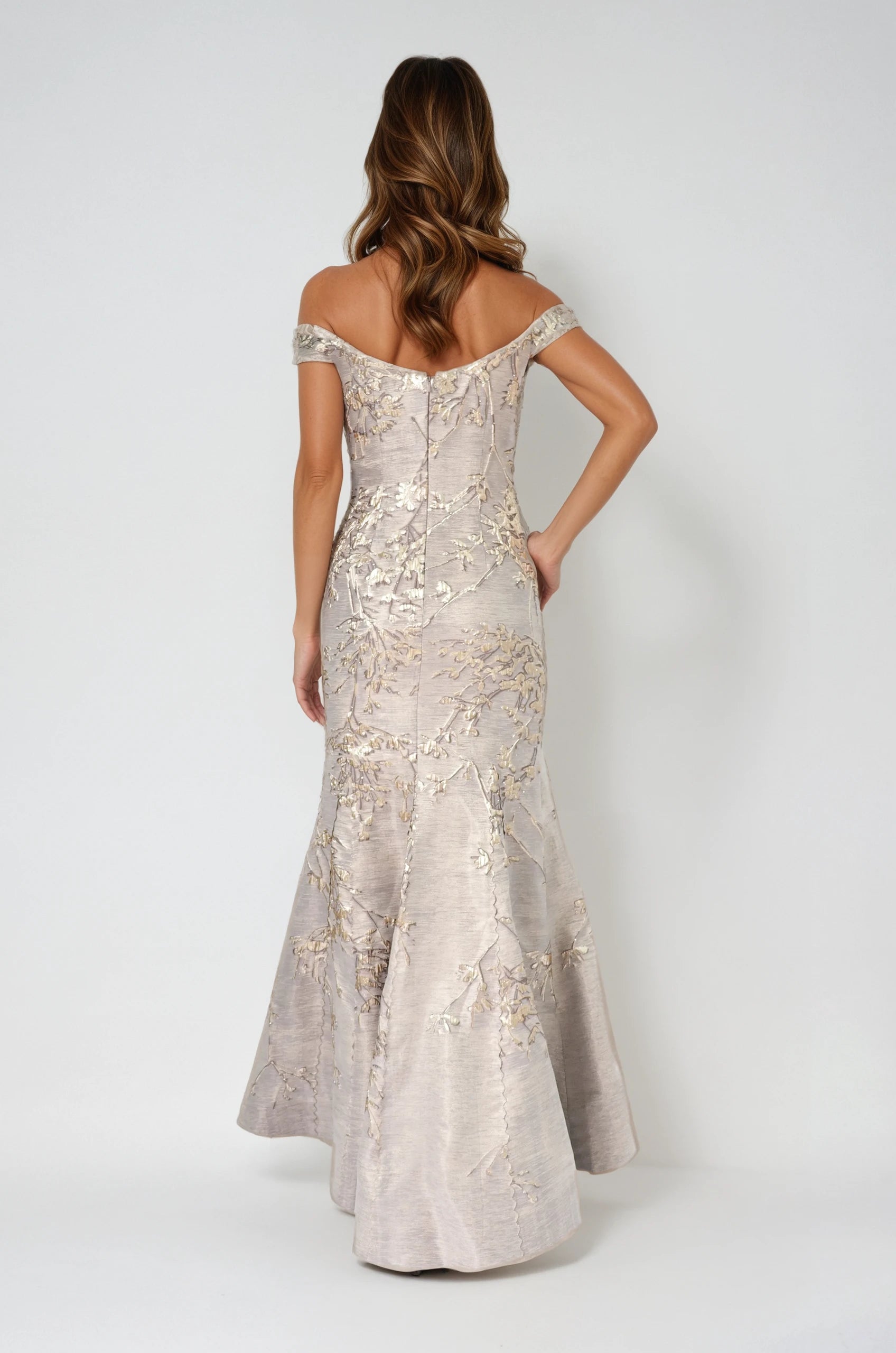 Off The Shoulder Brocade Fit And Flare Gown Gown Rene Ruiz Collection
