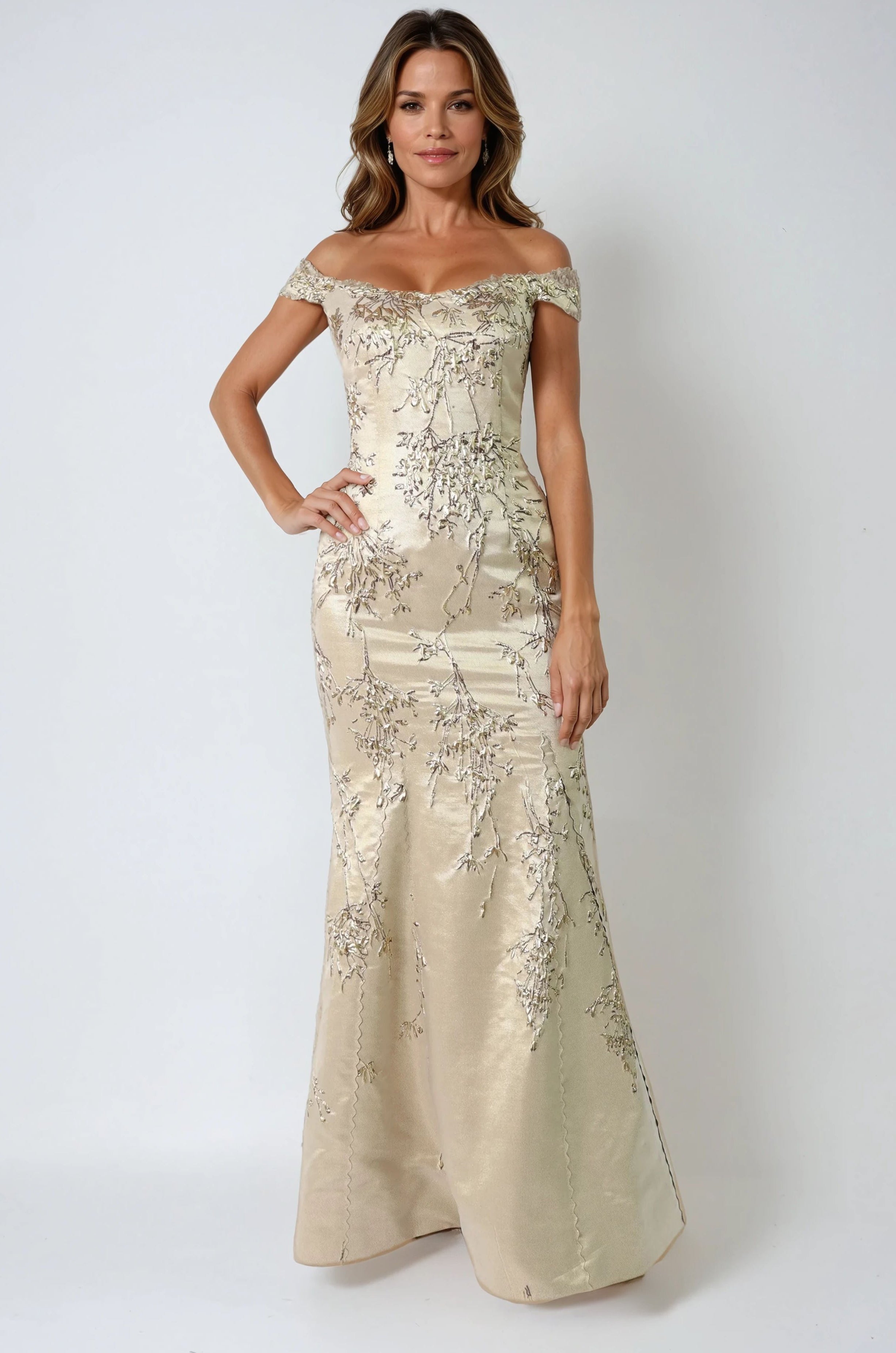 Off The Shoulder Brocade Fit And Flare Gown Gown Rene Ruiz Collection