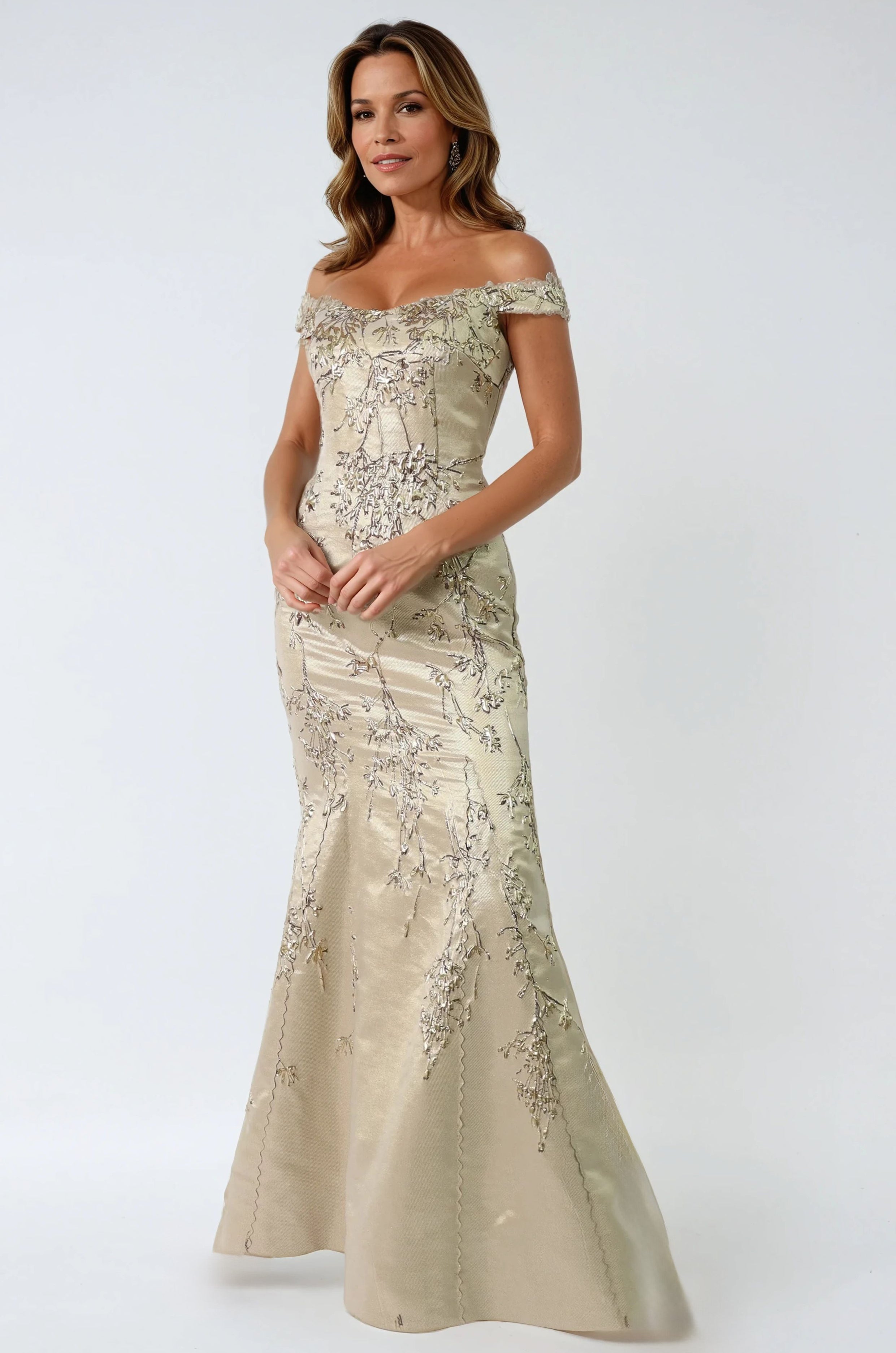 Off The Shoulder Brocade Fit And Flare Gown Gown Rene Ruiz Collection