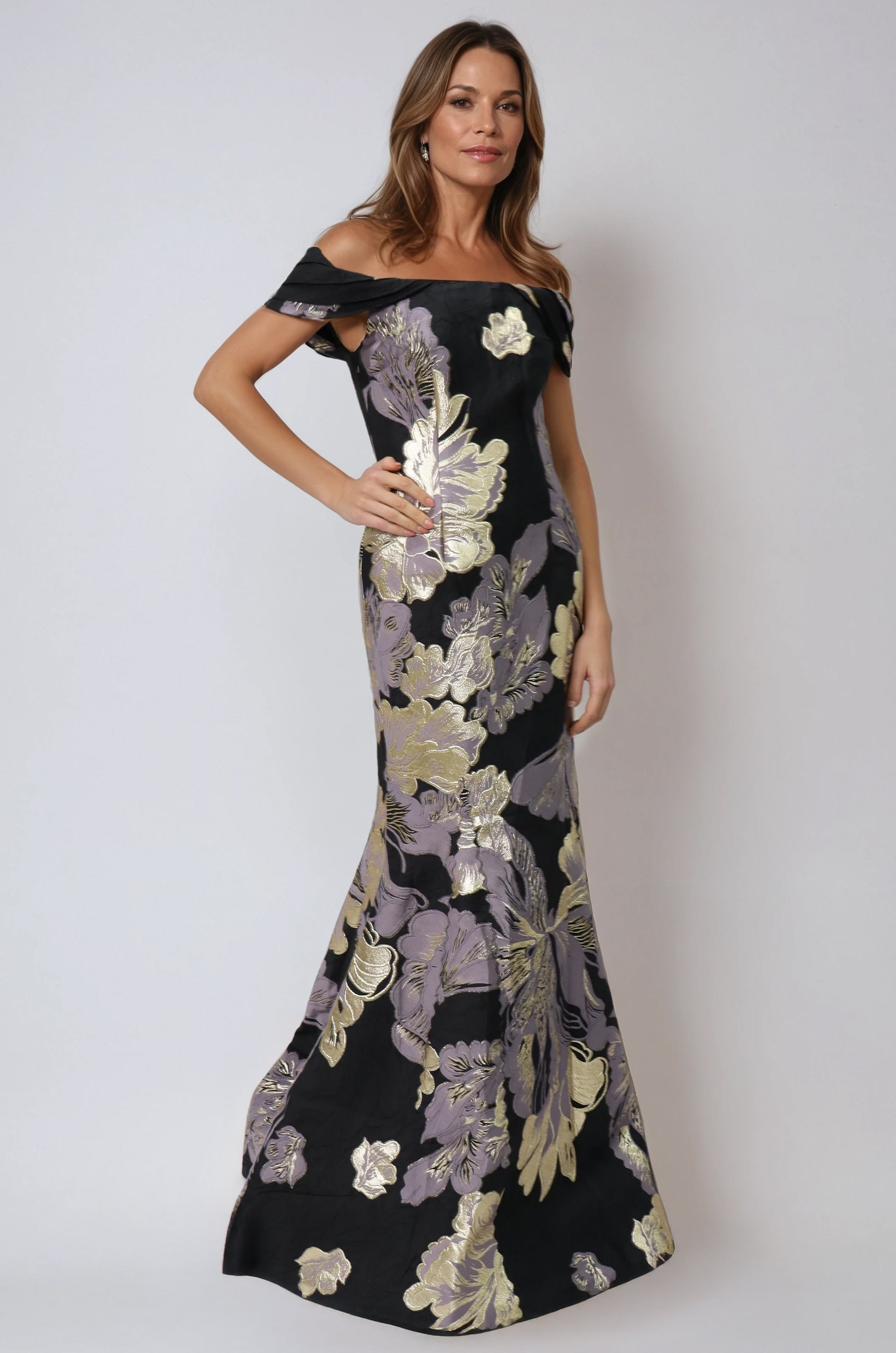 Off the Shoulder Metallic Brocade Fit and Flare Gown