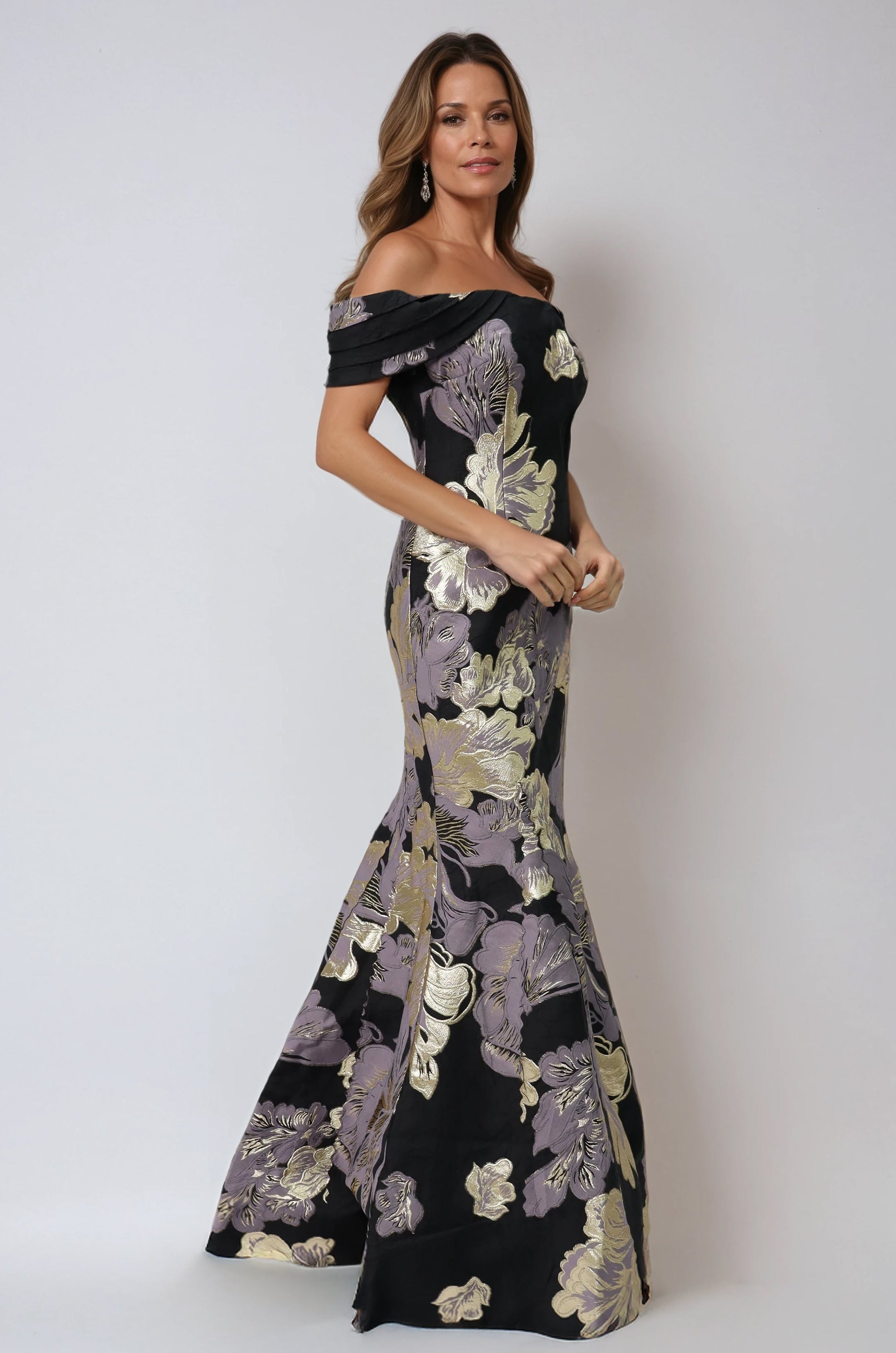 Off the Shoulder Metallic Brocade Fit and Flare Gown
