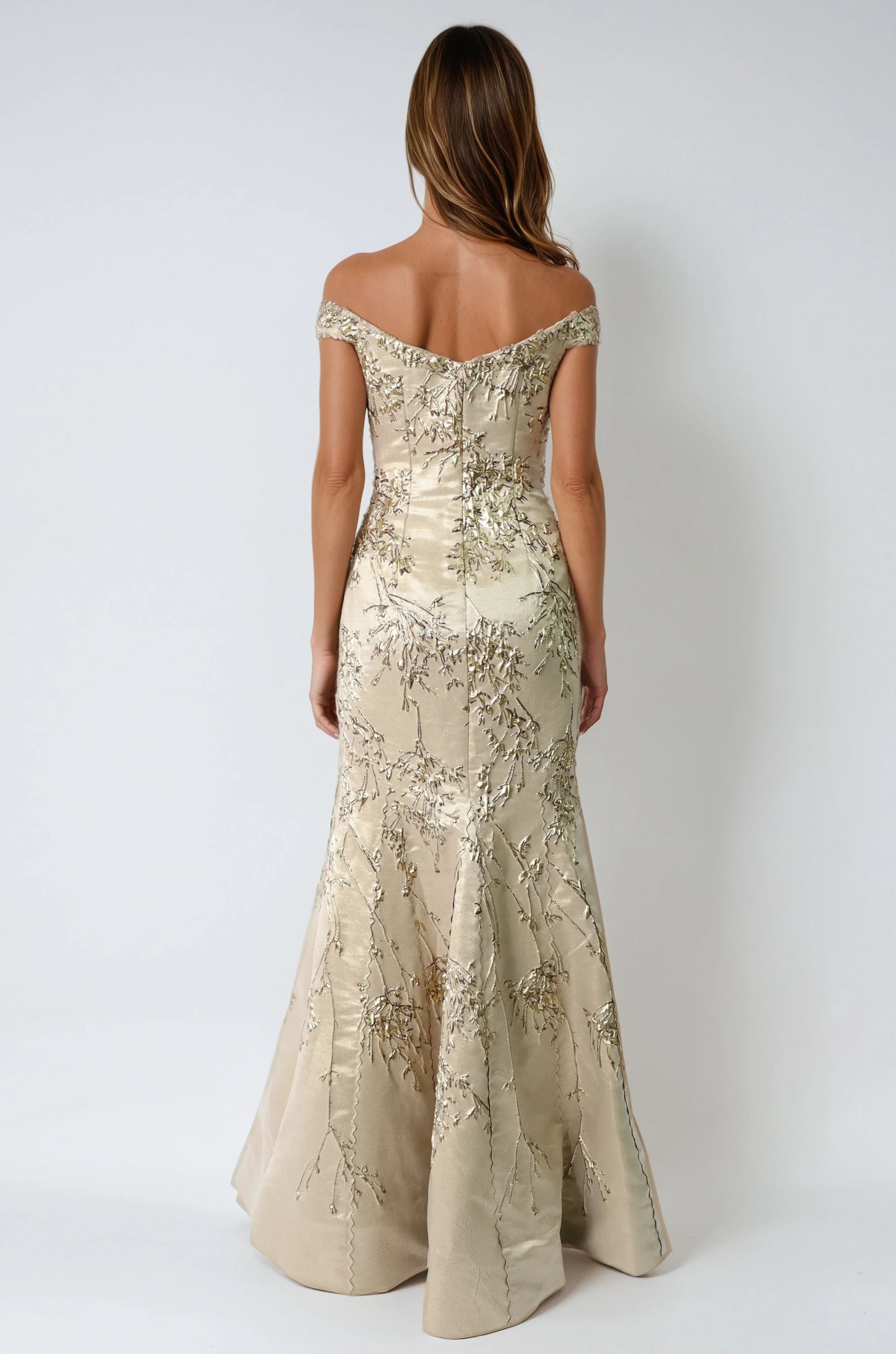 Off The Shoulder Brocade Fit And Flare Gown Gown Rene Ruiz Collection