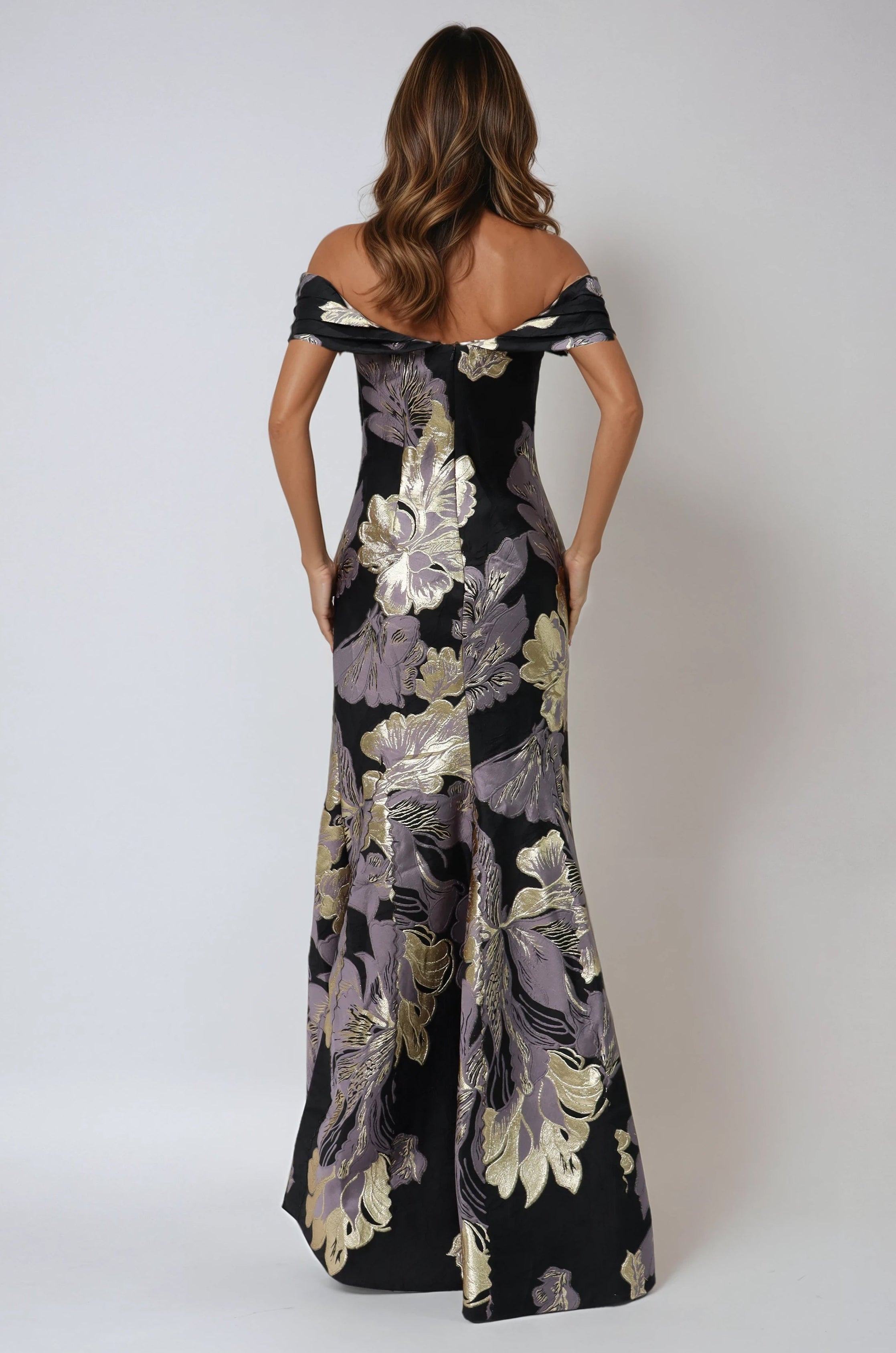 Off the Shoulder Metallic Brocade Fit and Flare Gown