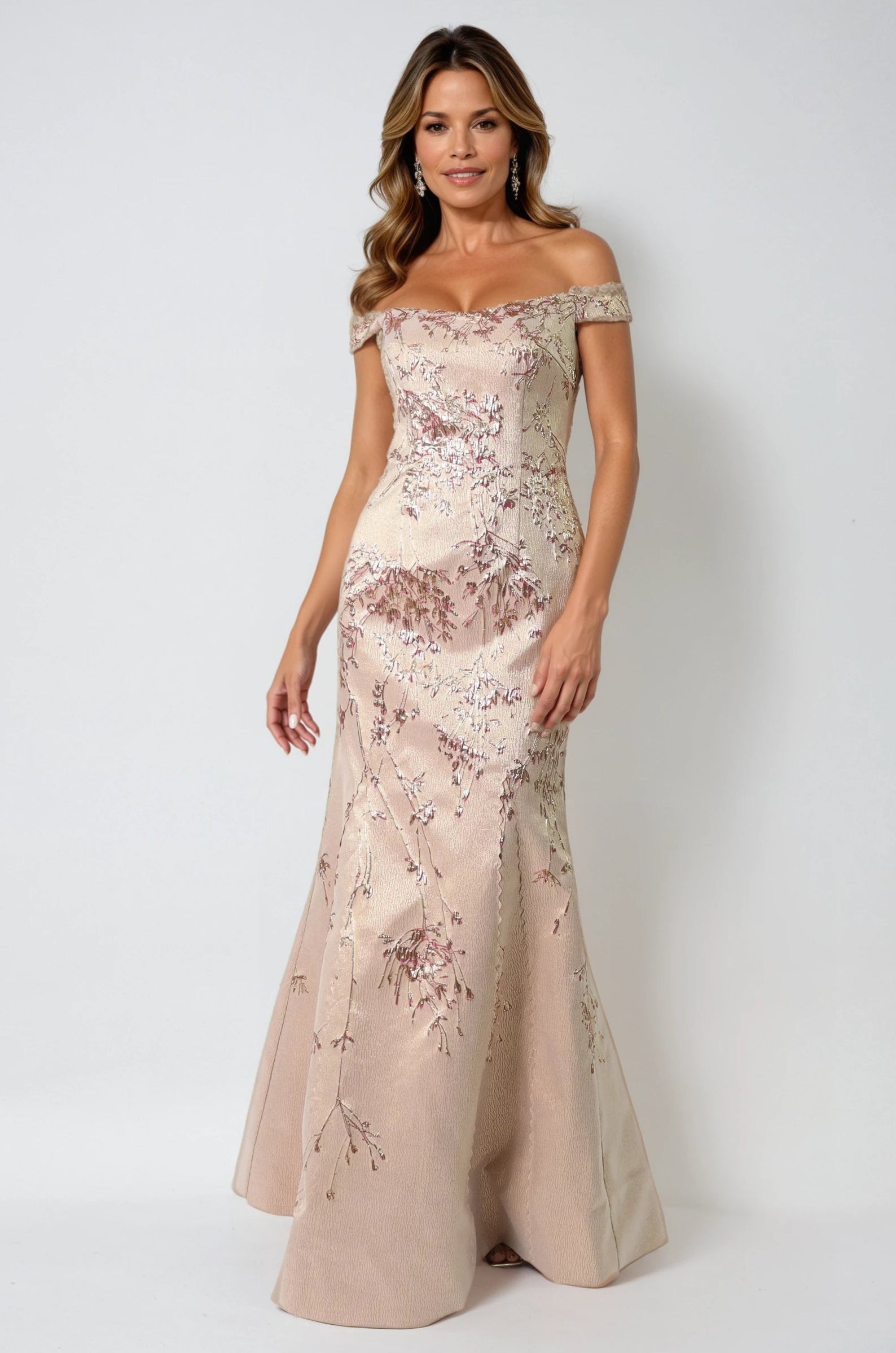 Off The Shoulder Brocade Fit And Flare Gown Gown Rene Ruiz Collection