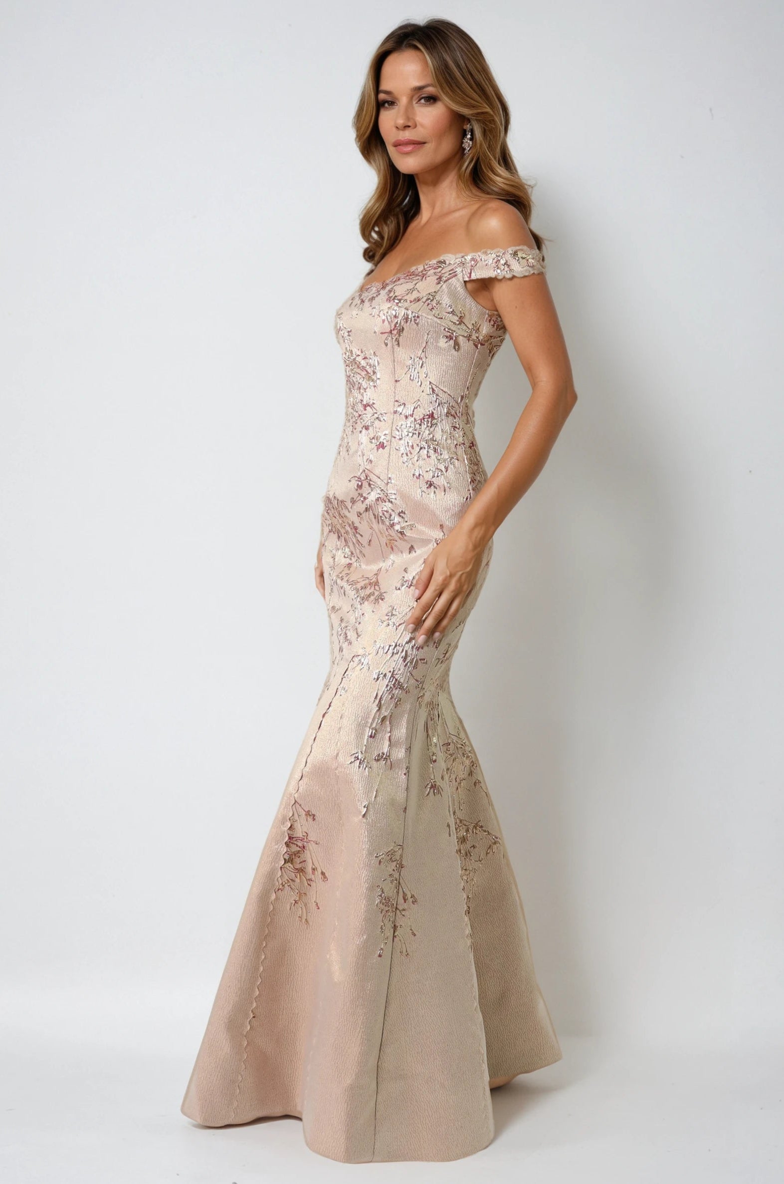 Off The Shoulder Brocade Fit And Flare Gown Gown Rene Ruiz Collection