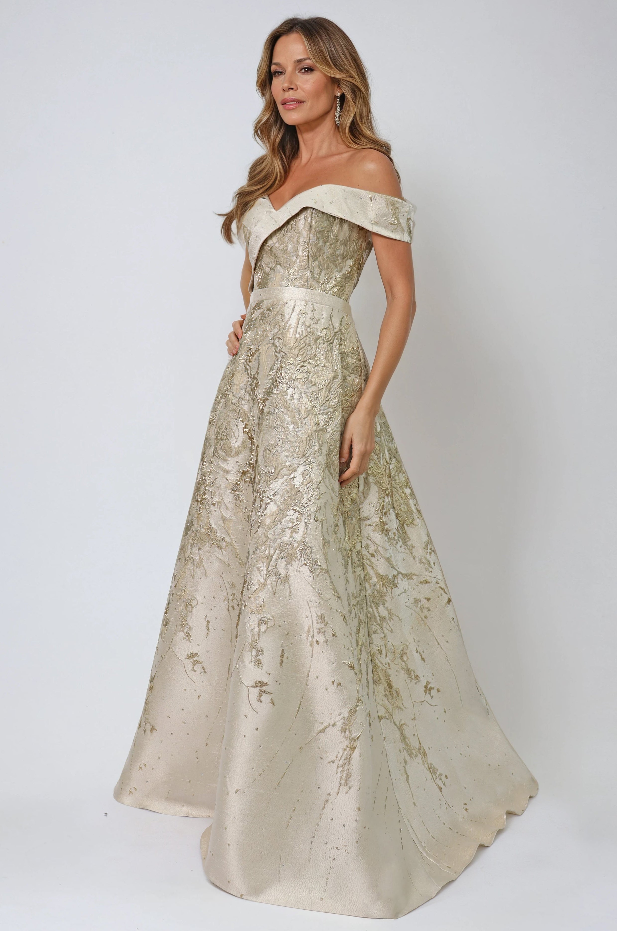 Off the Shoulder Brocade A-Line Gown Gown Rene Ruiz Collection
