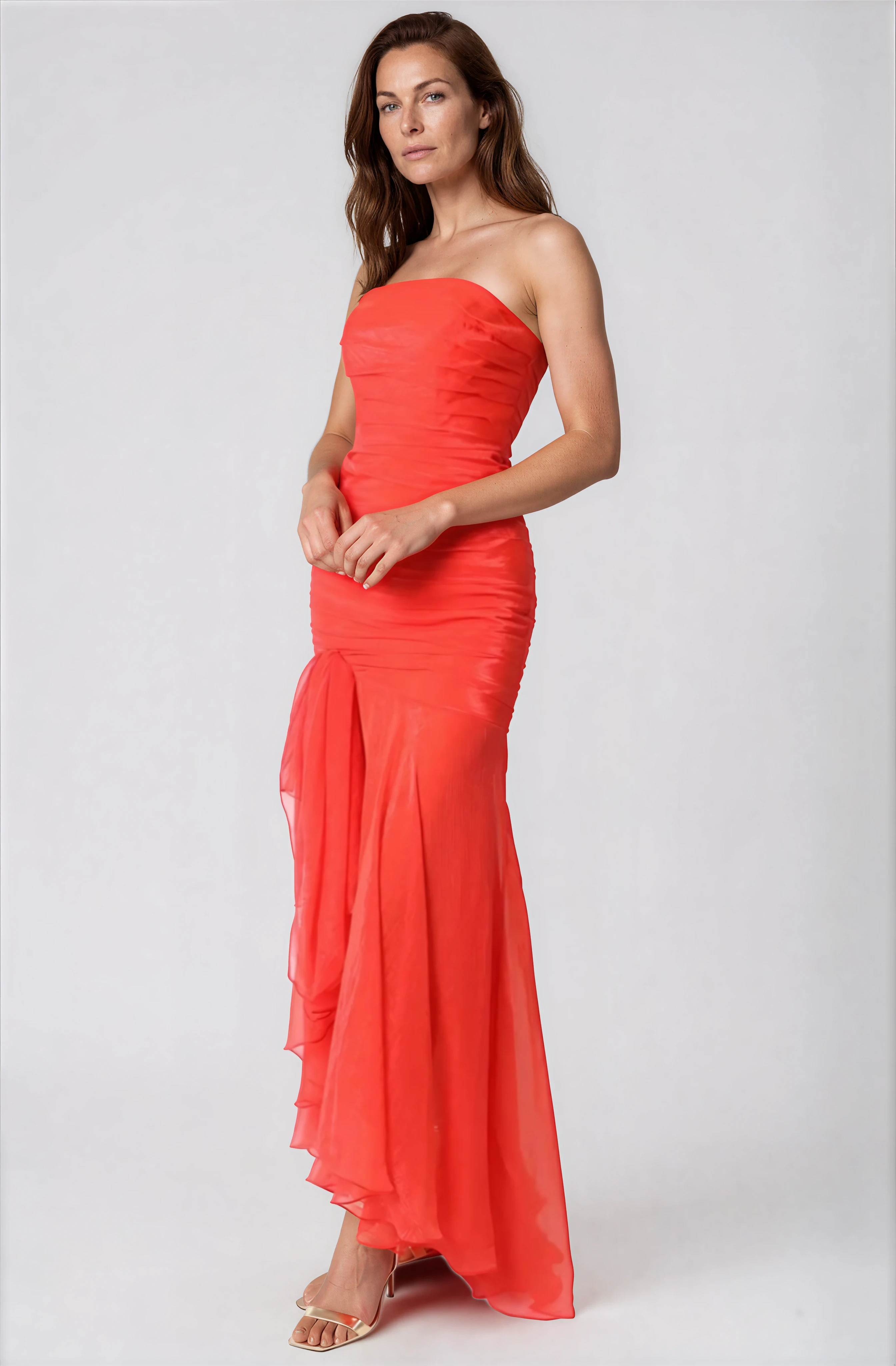 Strapless Pleated Chiffon Gown Gown Rene Ruiz Collection