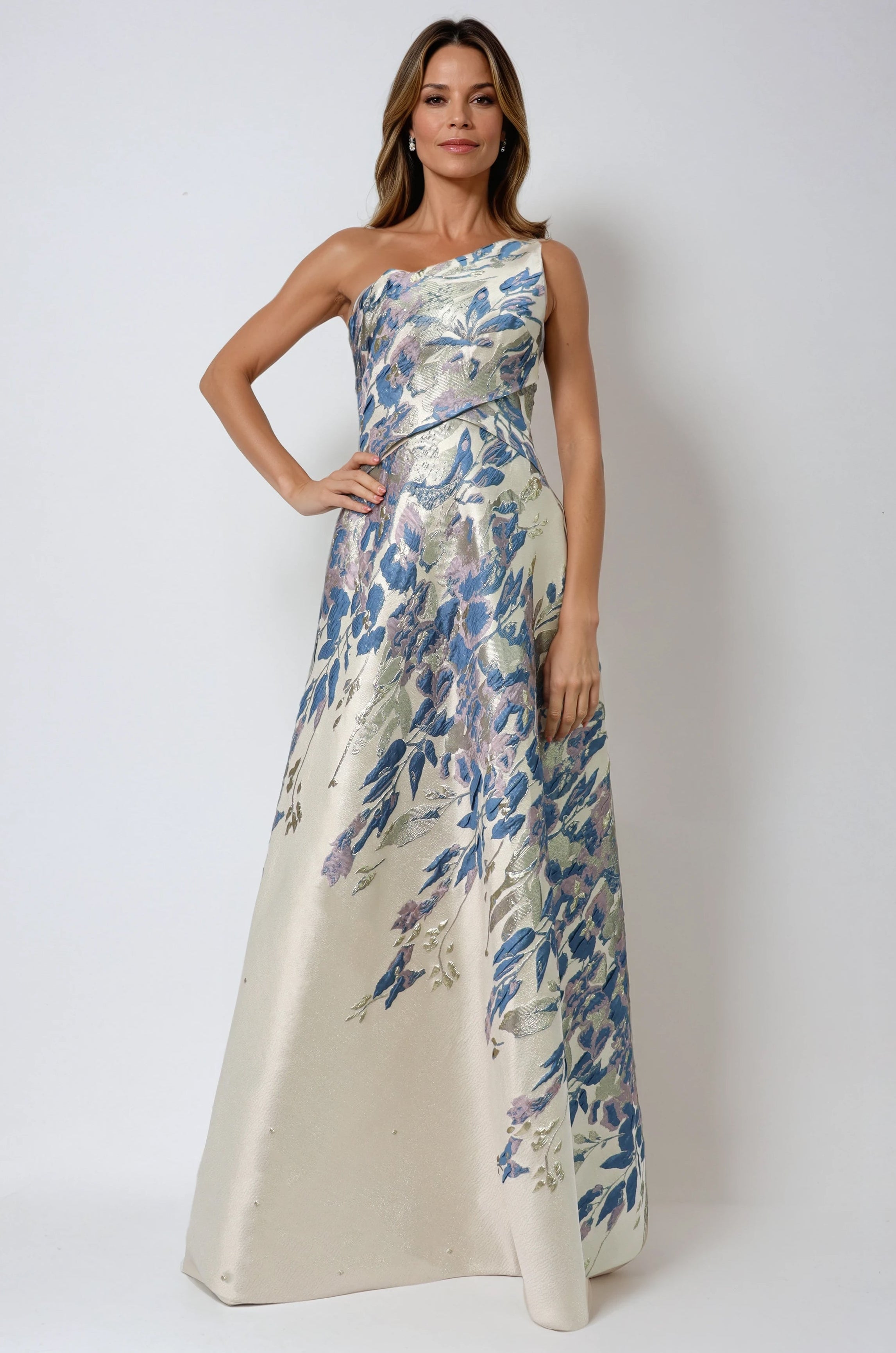One Shoulder Brocade Metallic Floral A-Line Gown Gown Rene Ruiz Collection