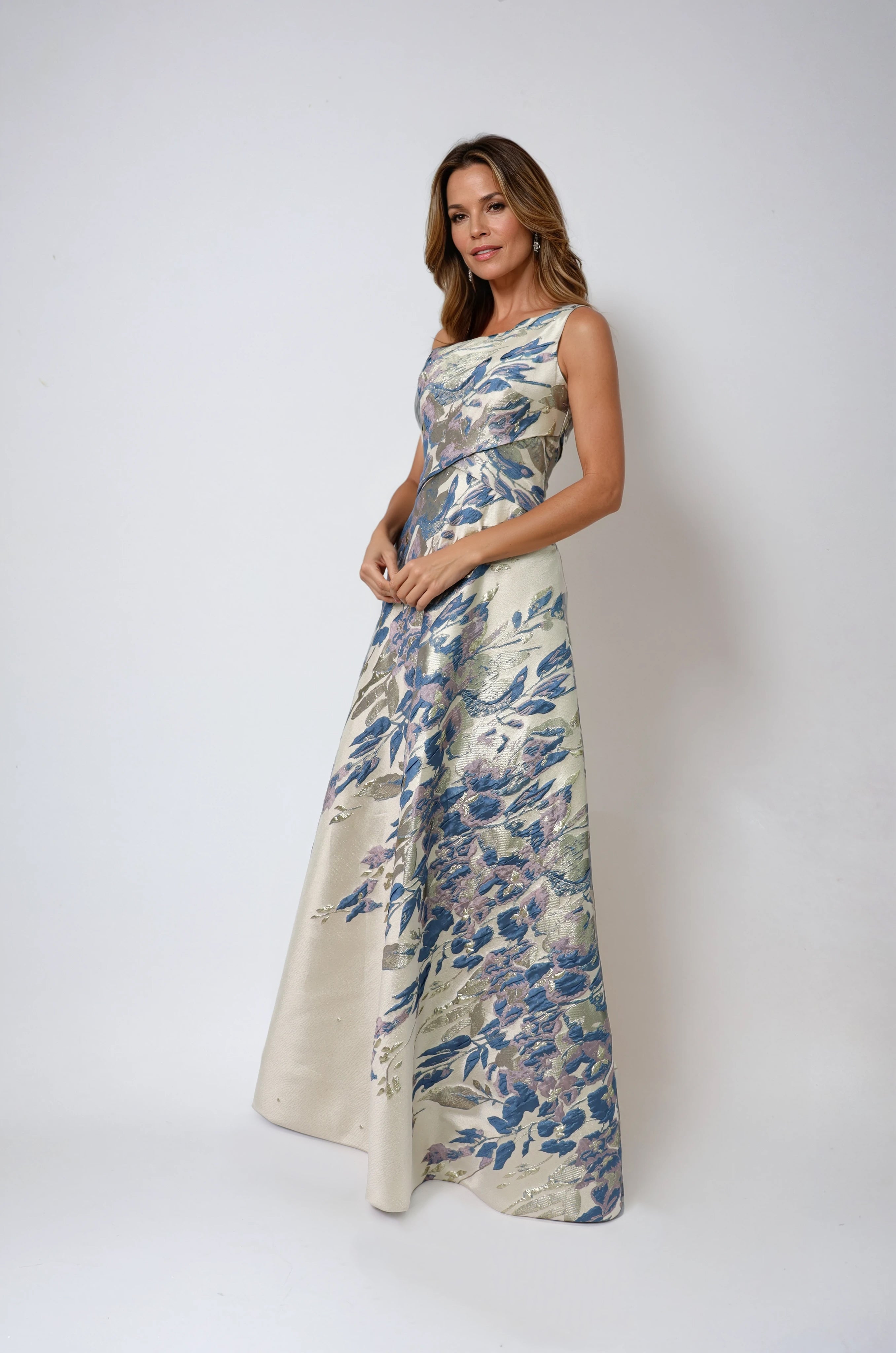 One Shoulder Brocade Metallic Floral A-Line Gown Gown Rene Ruiz Collection