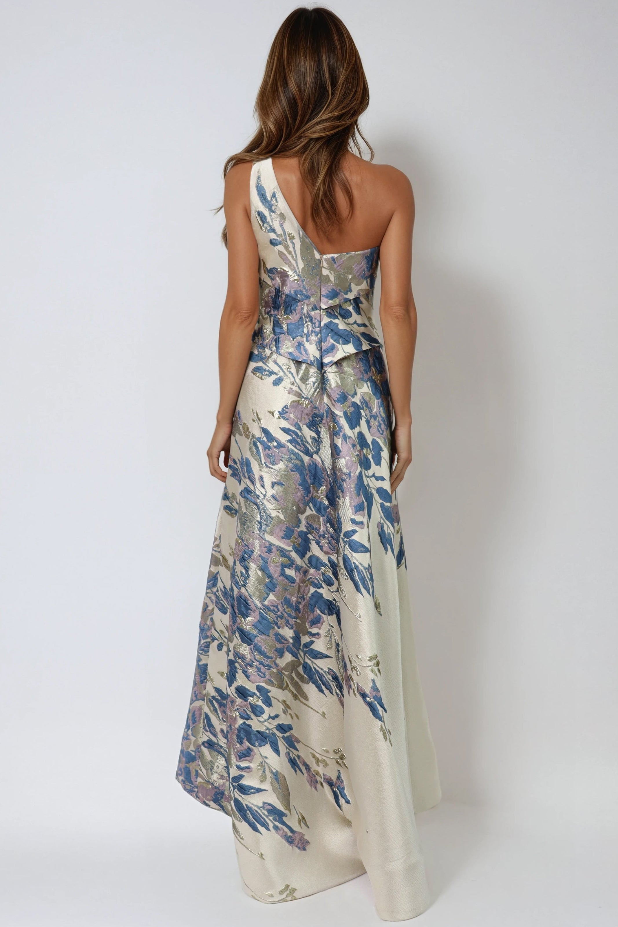 One Shoulder Brocade Metallic Floral A-Line Gown Gown Rene Ruiz Collection