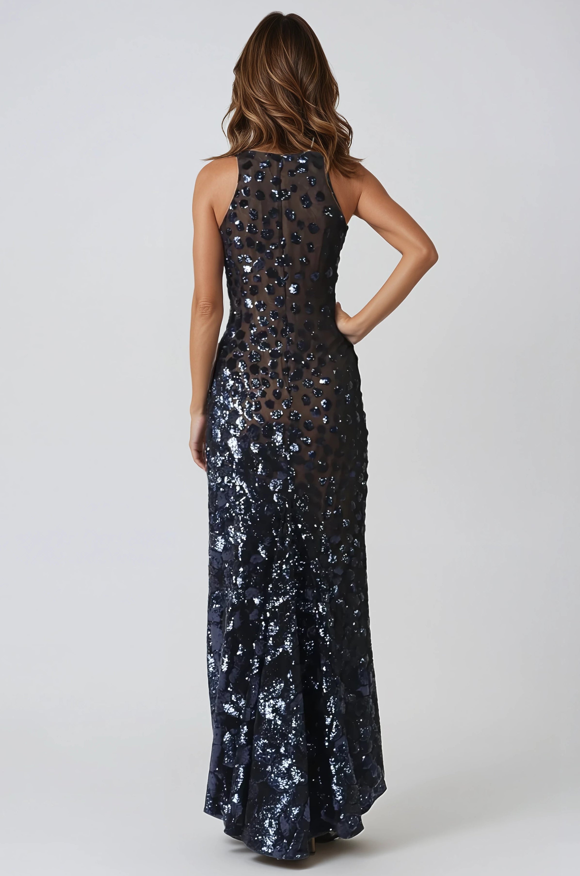 Halter Sequin Fit And Flare Gown Gown Rene Ruiz Collection