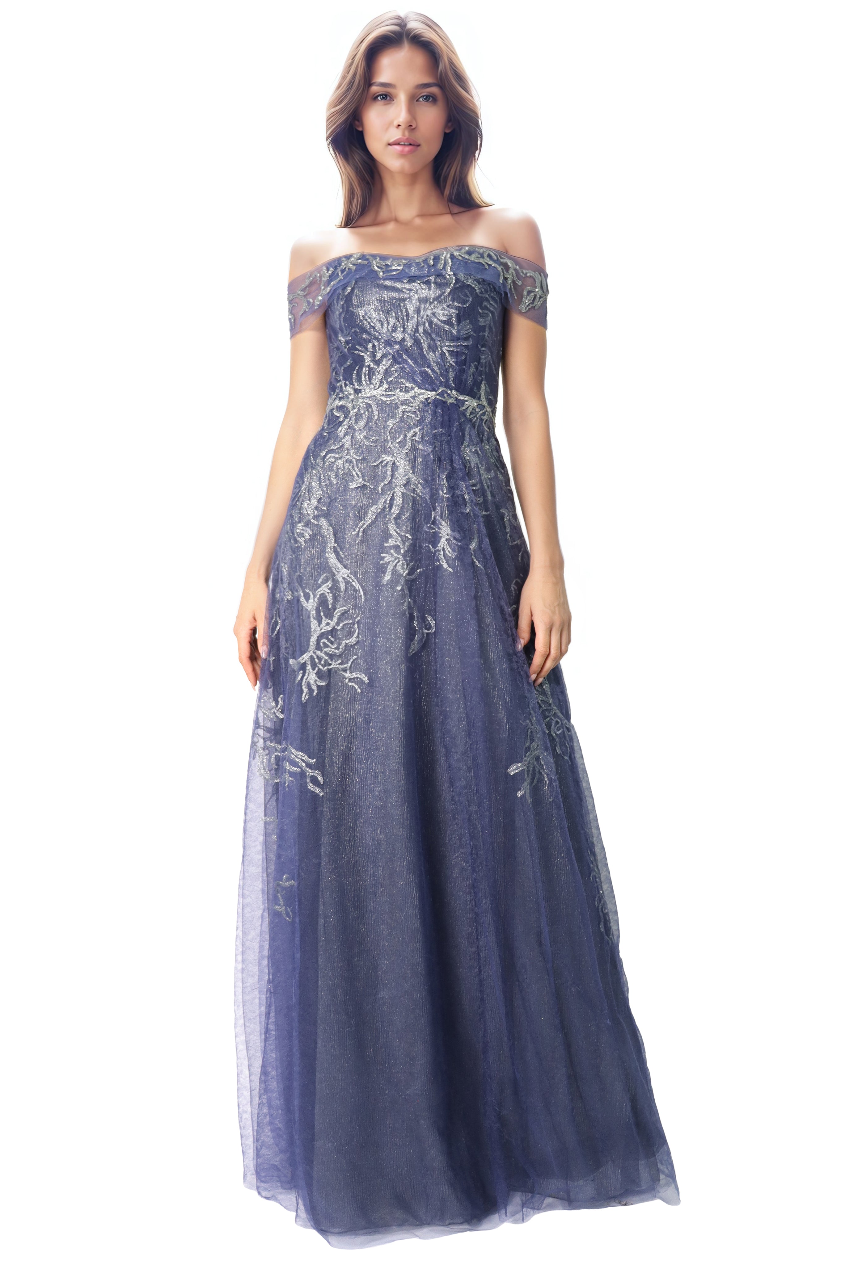 Sequin Embroidered Tulle A-Line Off The Shoulder Gown Gown Rene Ruiz Collection