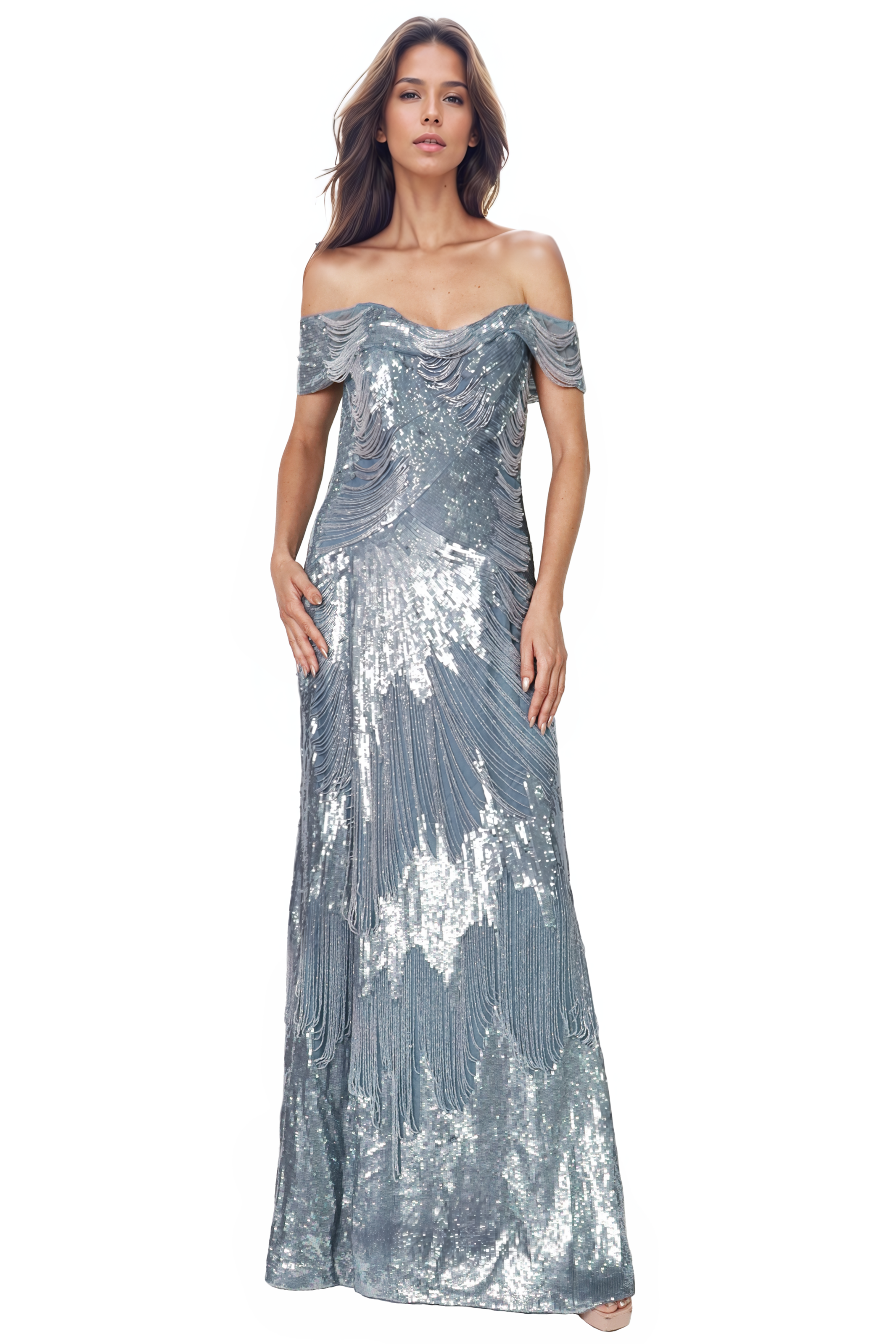 Off The Shoulder Beaded Column Gown Gown Rene Ruiz Collection