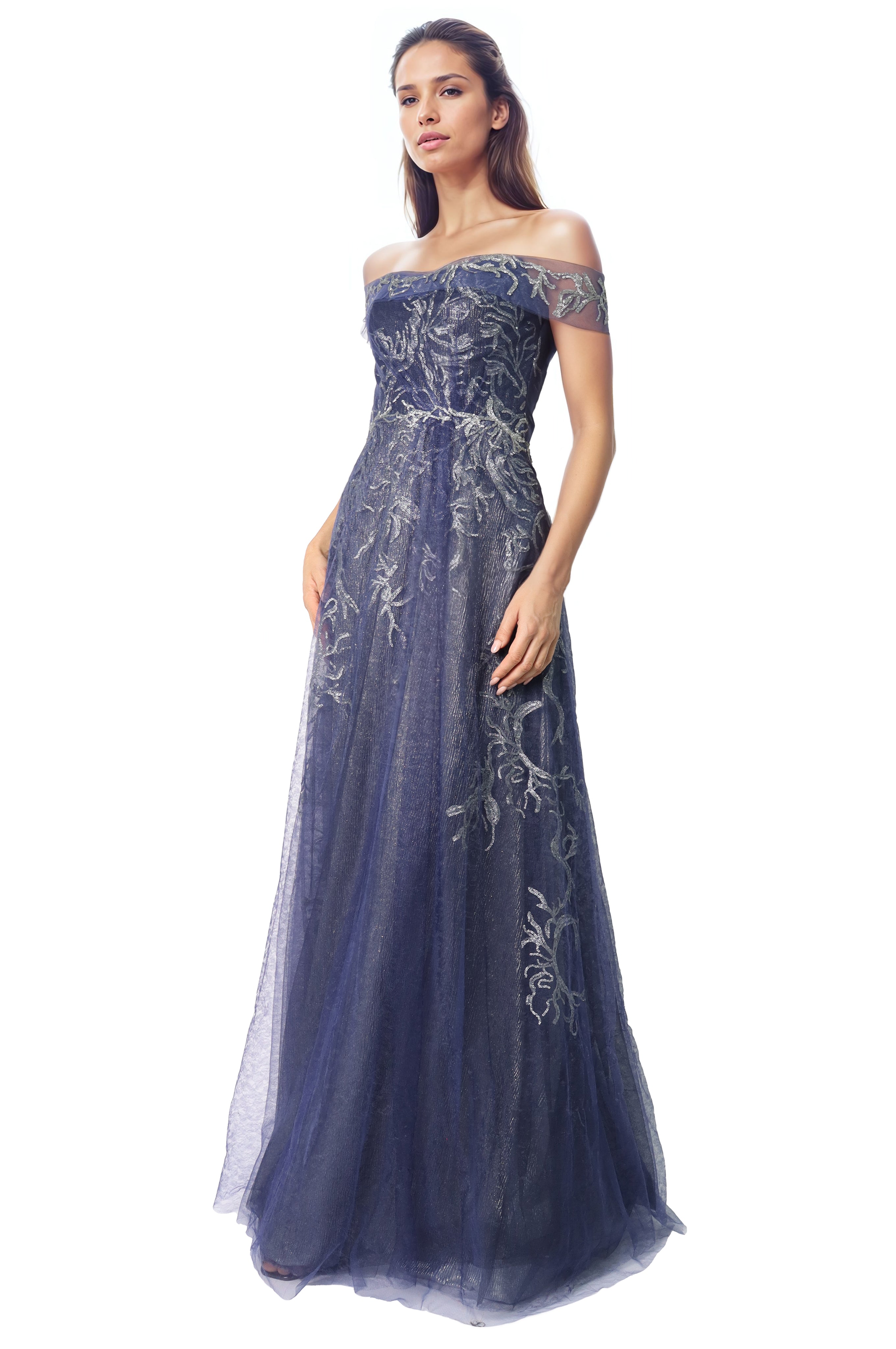 Sequin Embroidered Tulle A-Line Off The Shoulder Gown Gown Rene Ruiz Collection