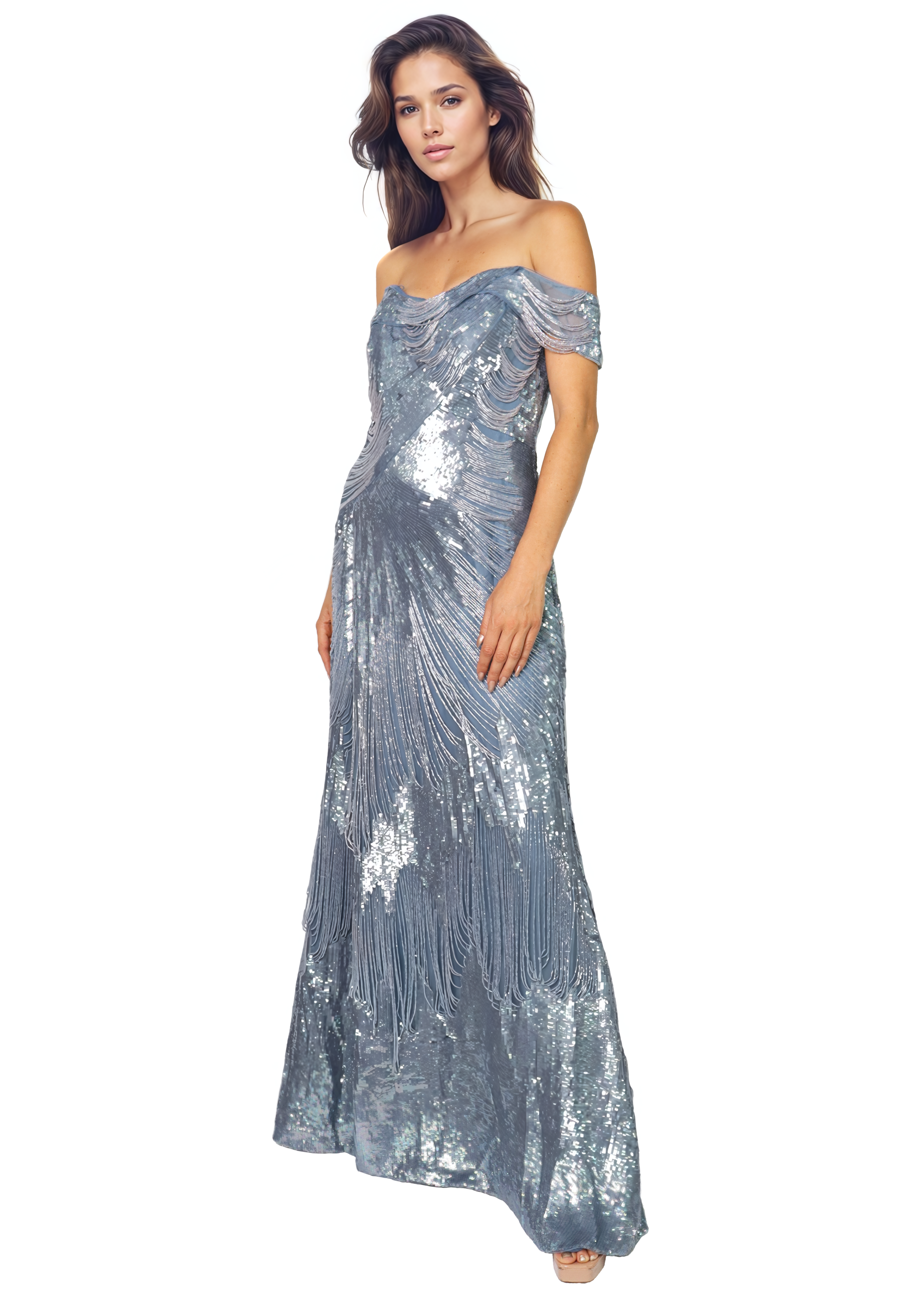 Off The Shoulder Beaded Column Gown Gown Rene Ruiz Collection