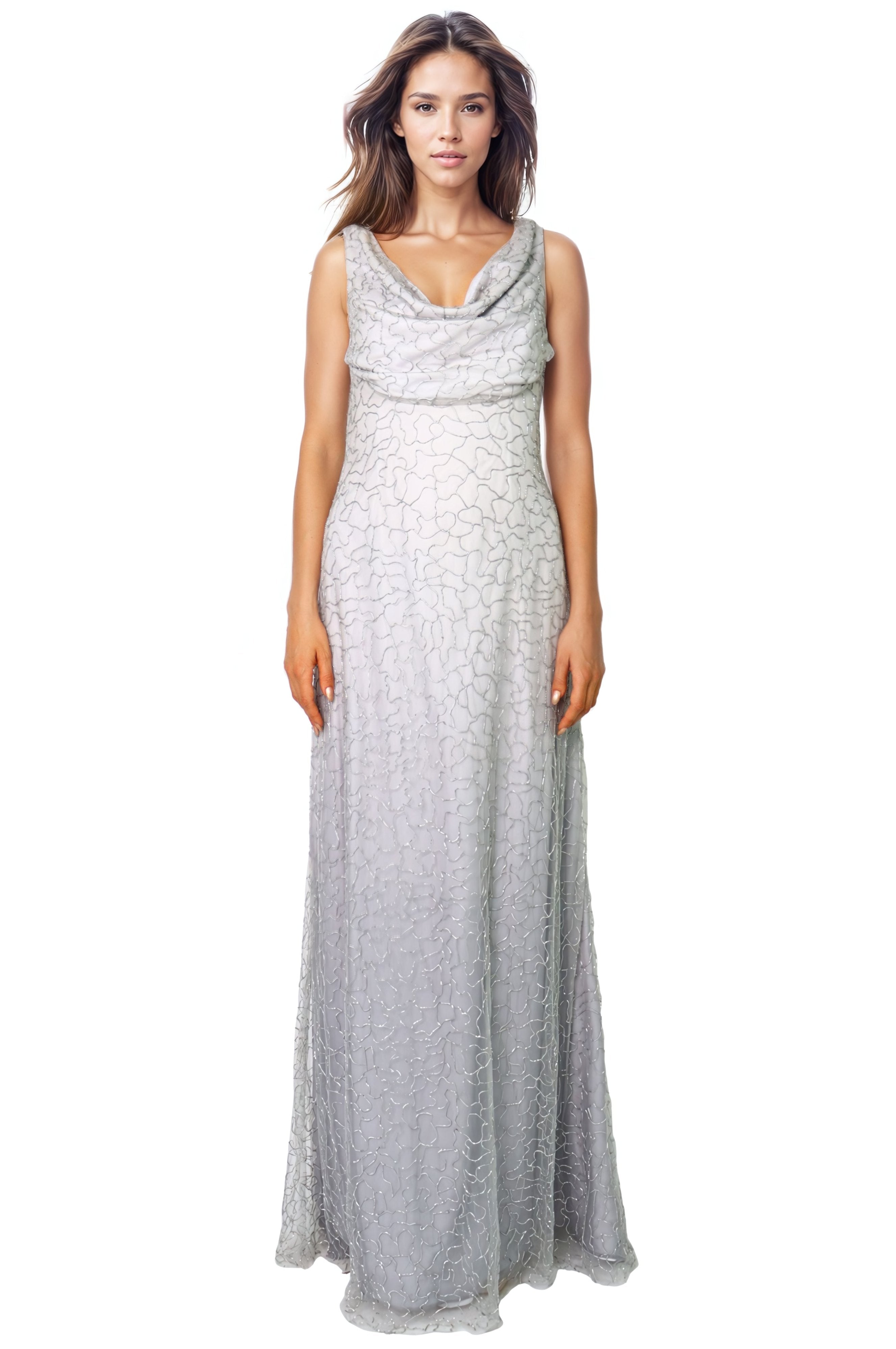 Cowl Neck Beaded Chiffon Fit And Flare Gown