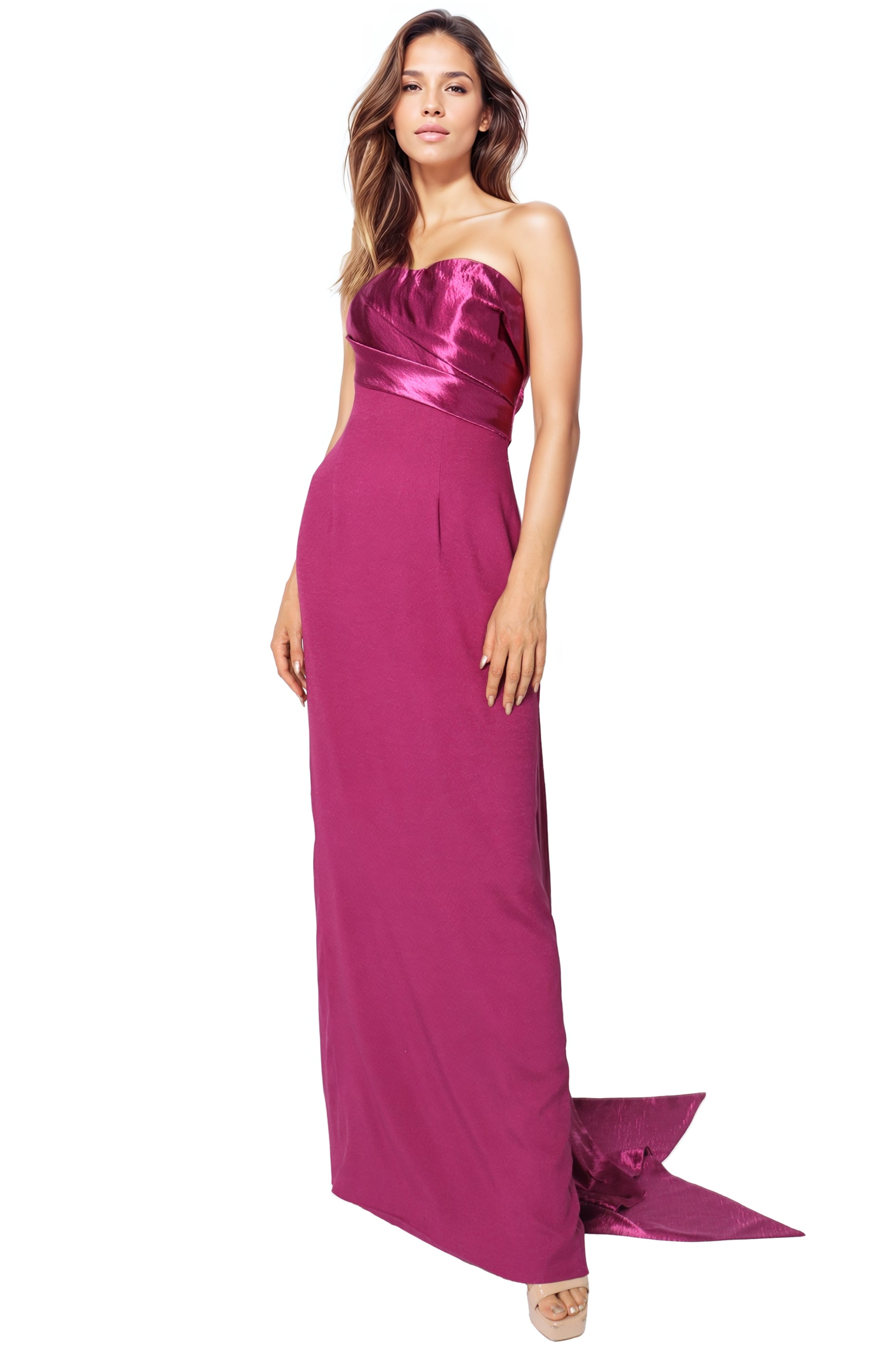 Strapless Crepe Column Gown with Satin Bow Gown Rene Ruiz Collection