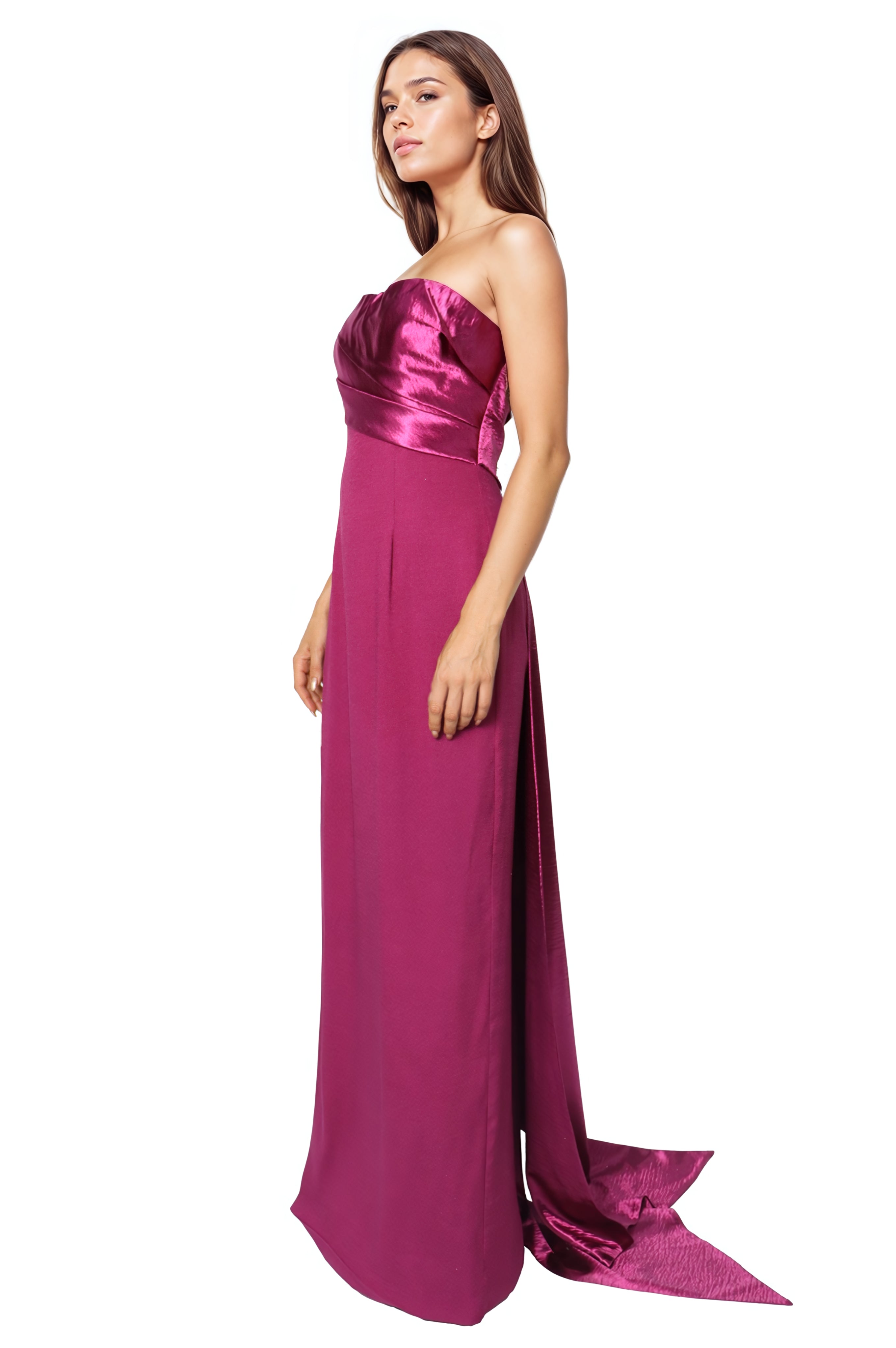 Strapless Crepe Column Gown with Satin Bow Gown Rene Ruiz Collection